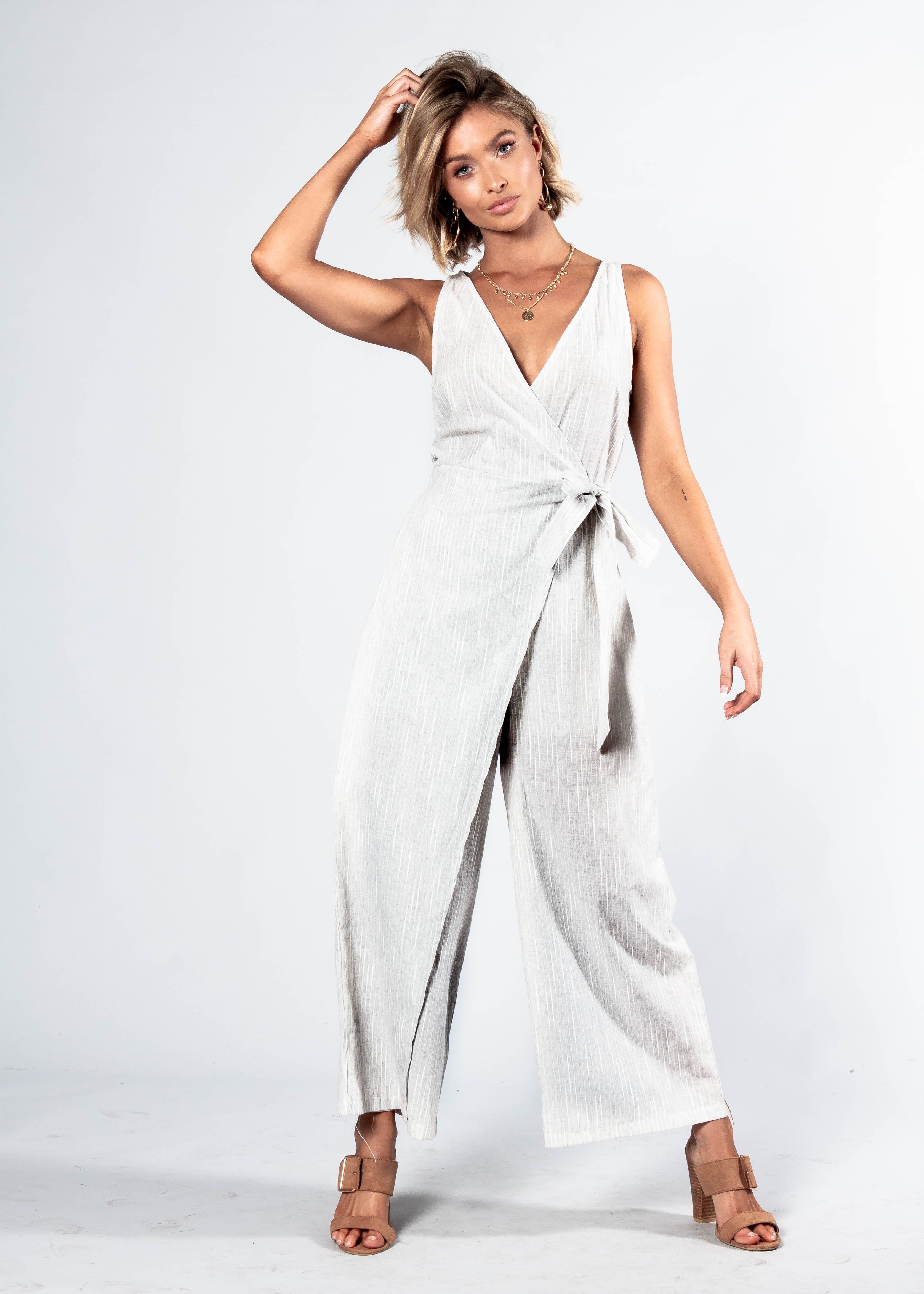Maitland Tie Pantsuit - Grey Pinstripe