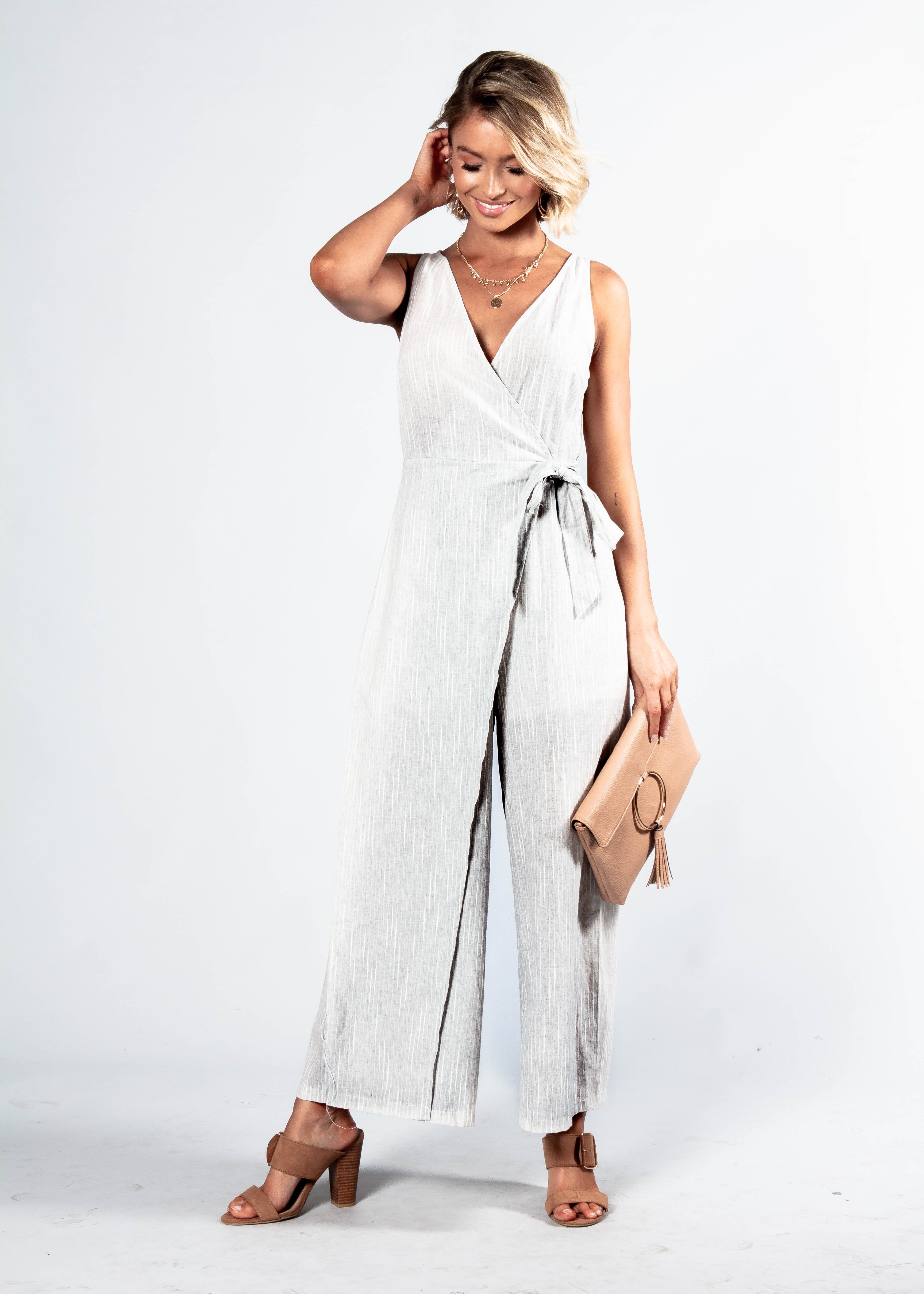 Maitland Tie Pantsuit - Grey Pinstripe