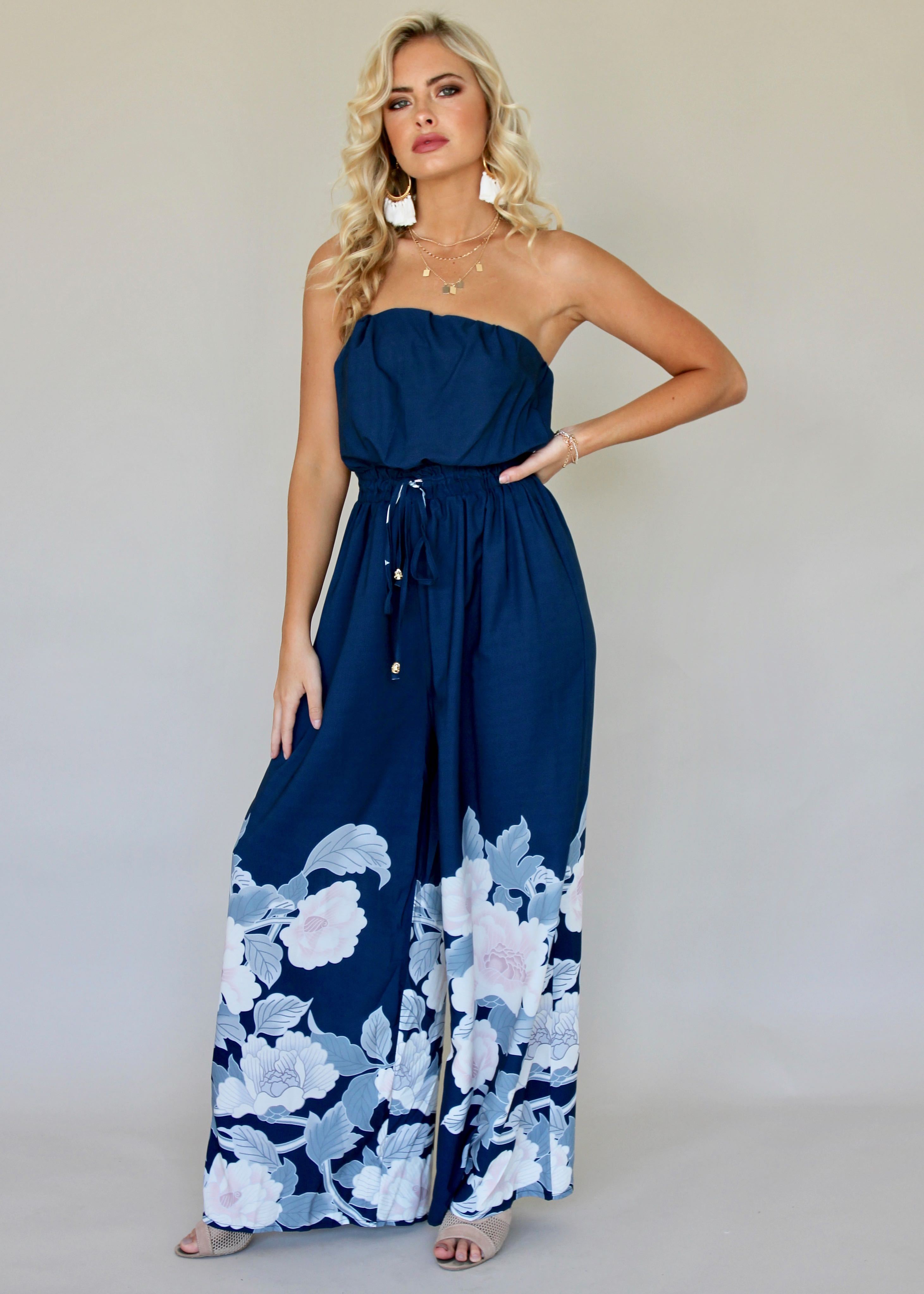 Luminous Love Strapless Pantsuit - Blue Floral