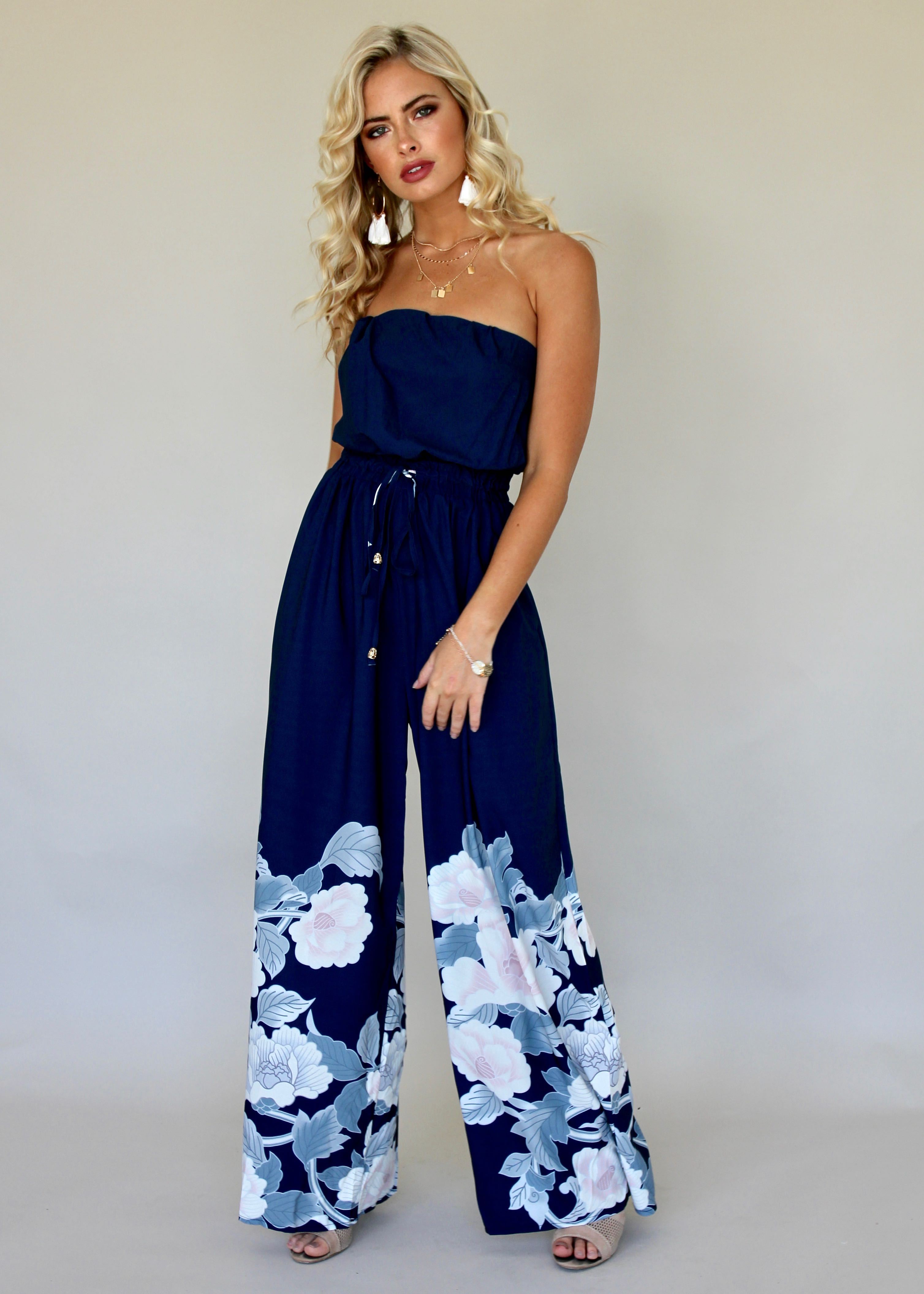 Luminous Love Strapless Pantsuit - Blue Floral