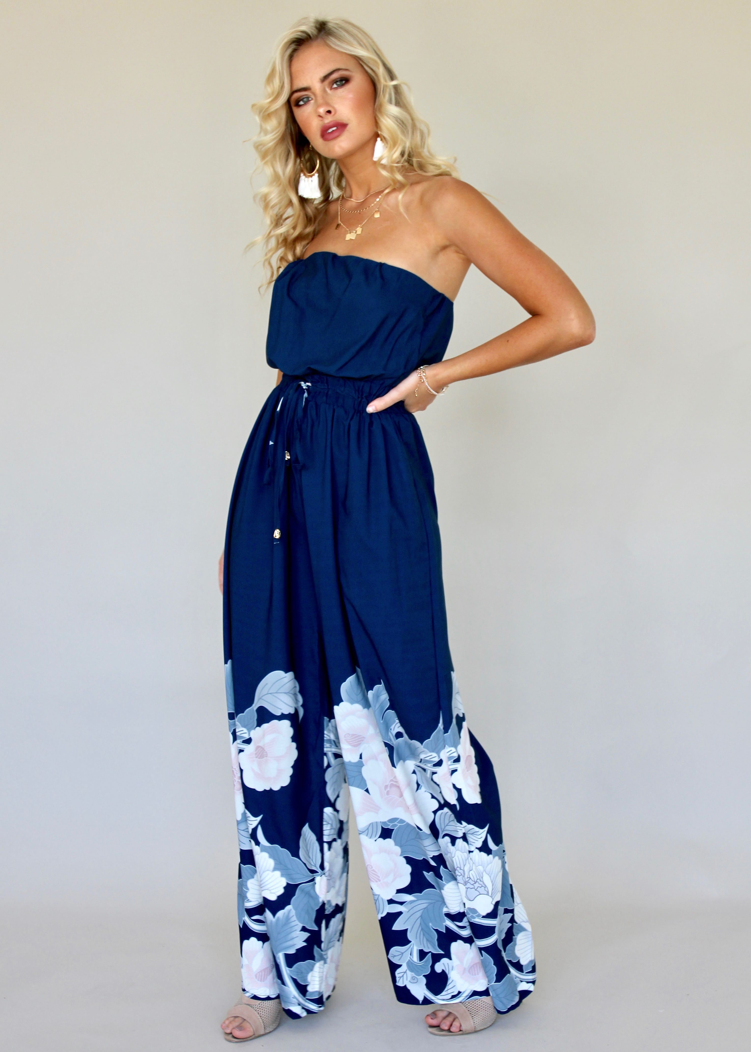 Luminous Love Strapless Pantsuit - Blue Floral