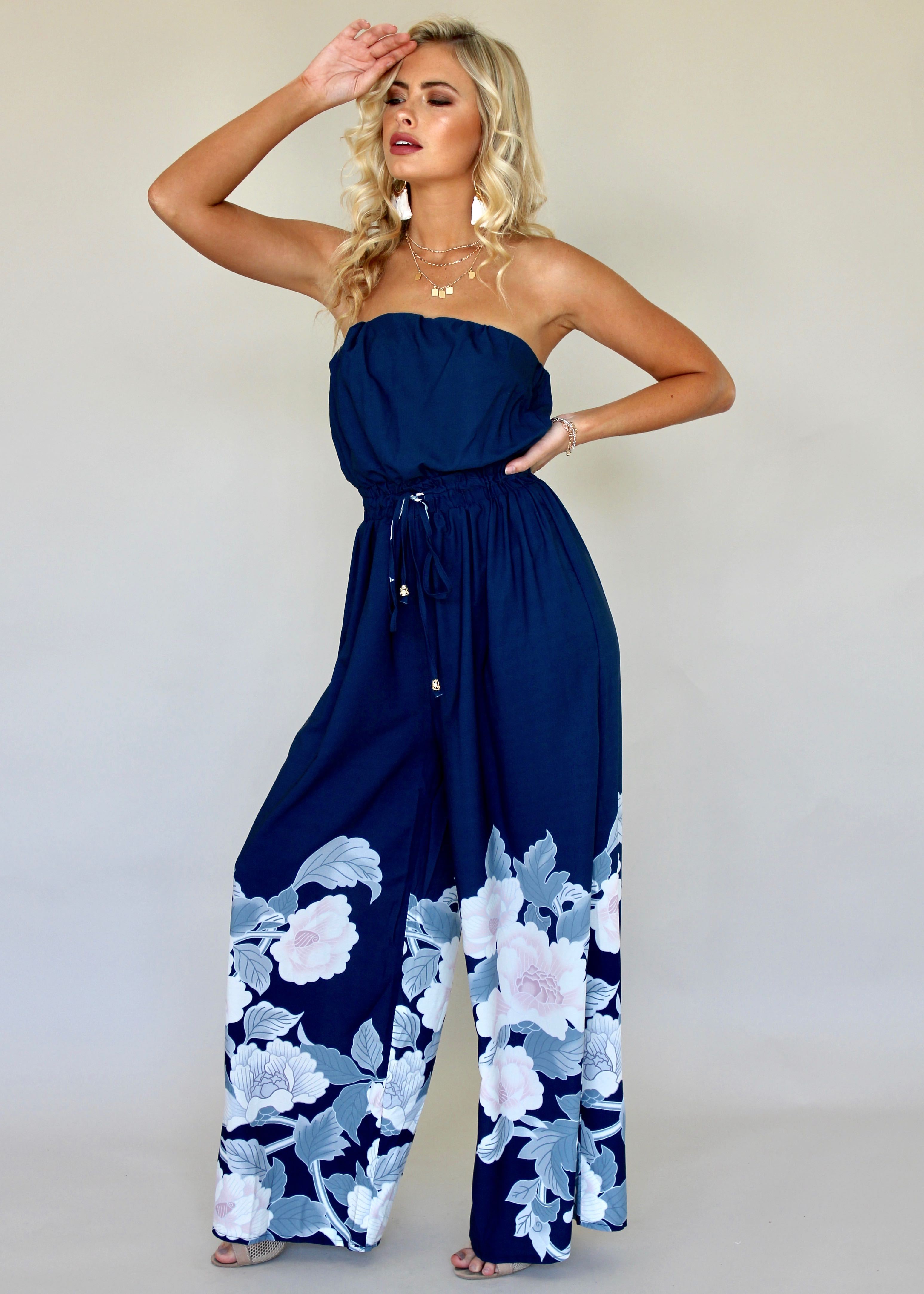 Luminous Love Strapless Pantsuit - Blue Floral