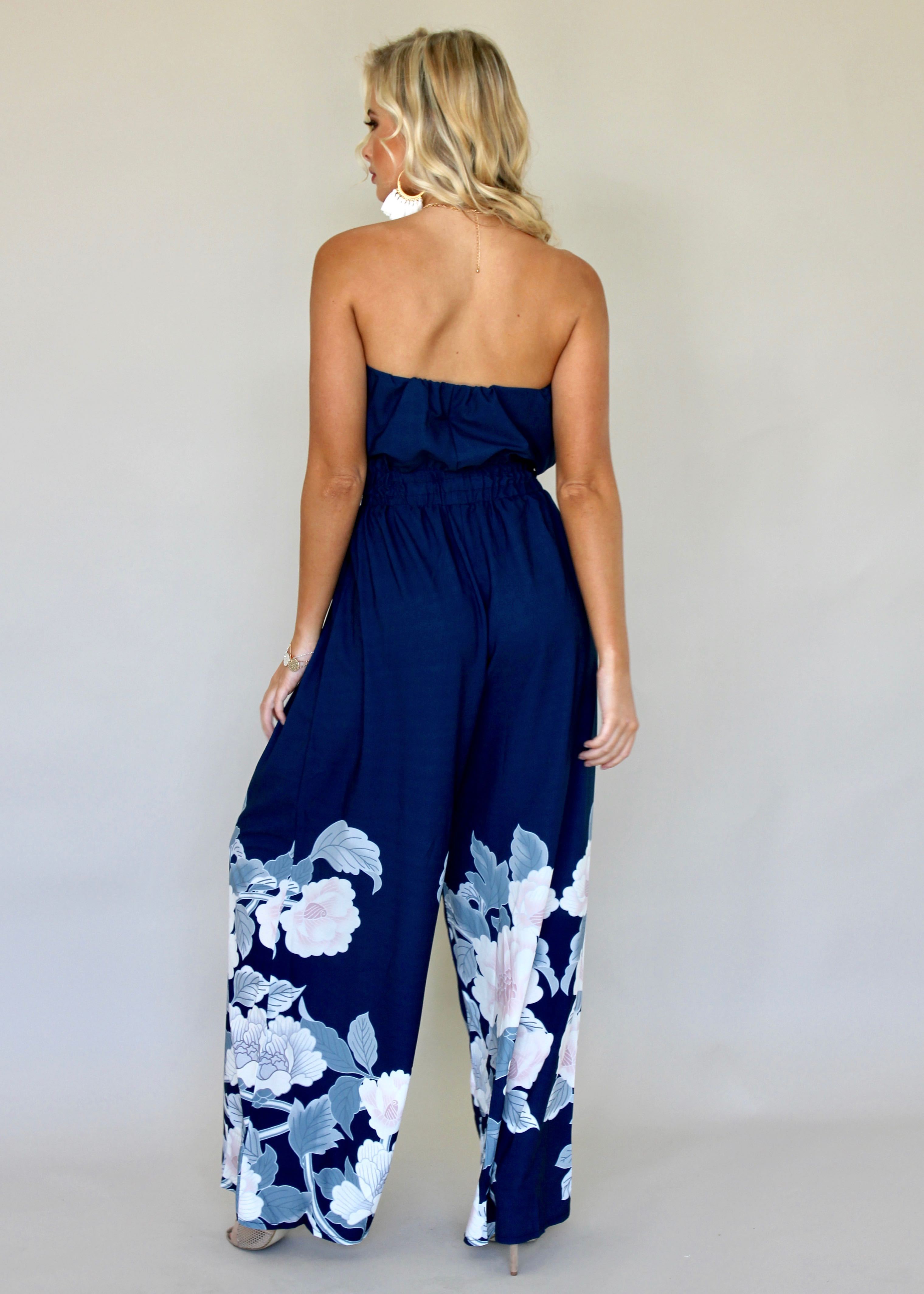 Luminous Love Strapless Pantsuit - Blue Floral