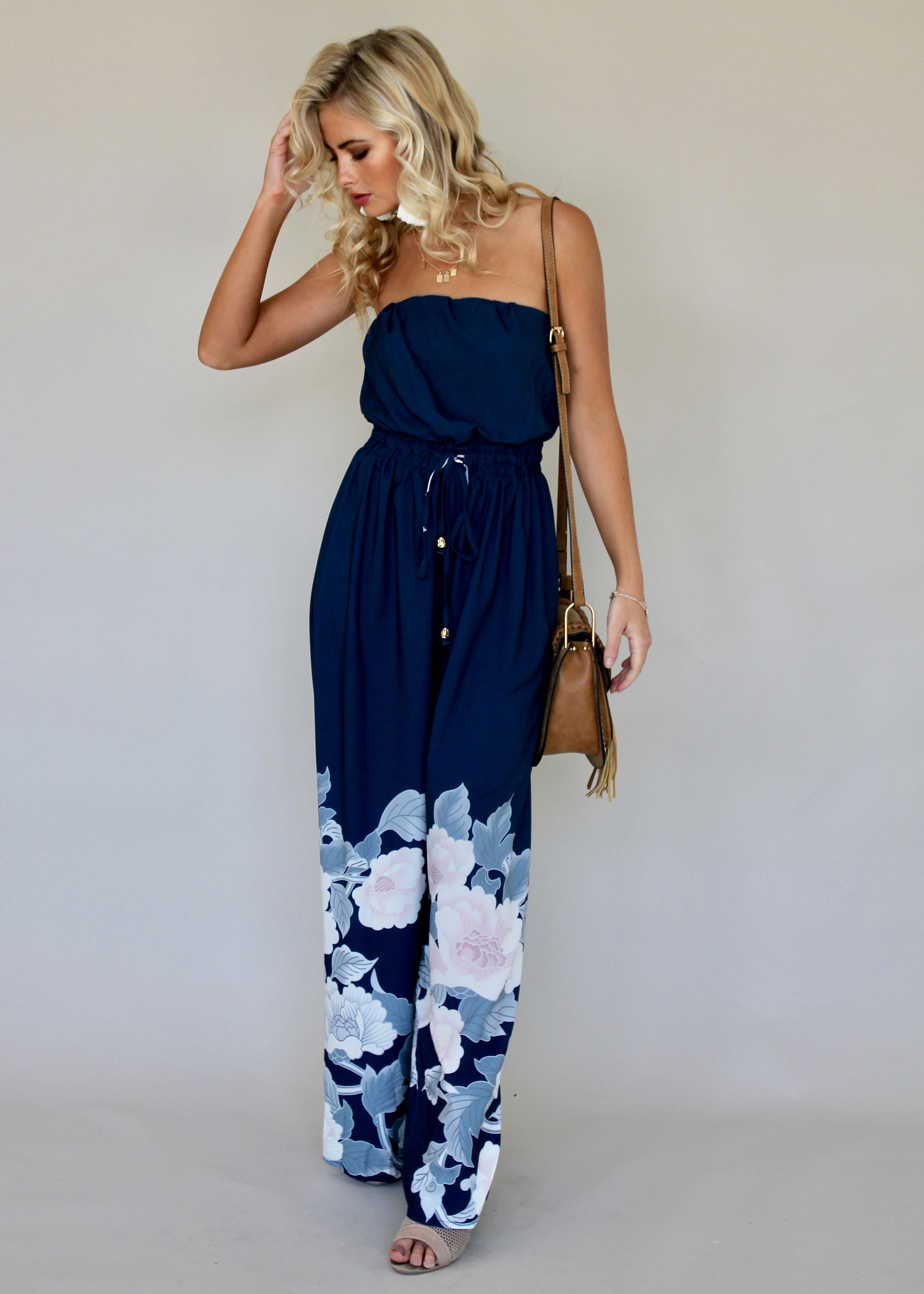 Luminous Love Strapless Pantsuit - Blue Floral