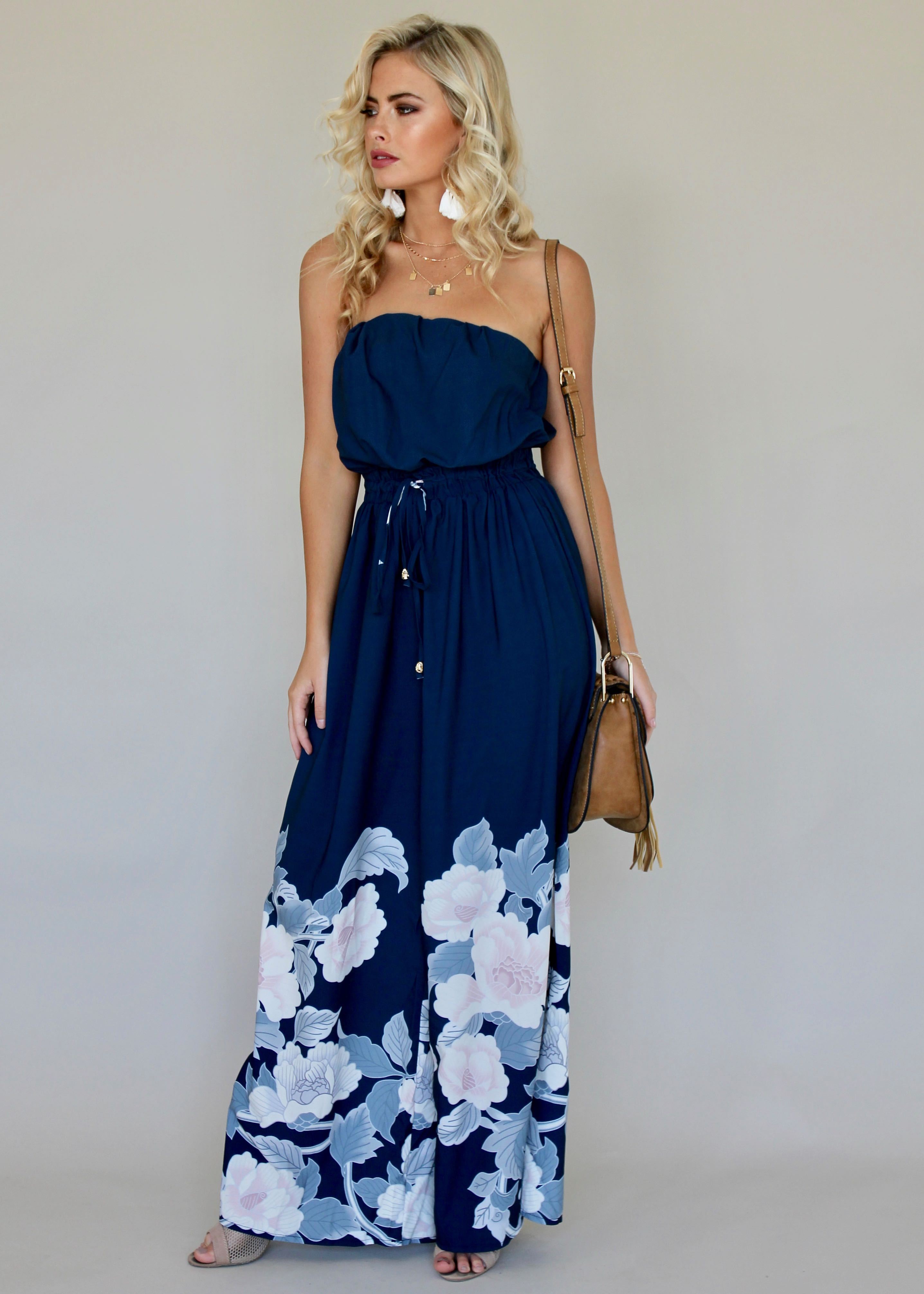 Luminous Love Strapless Pantsuit - Blue Floral