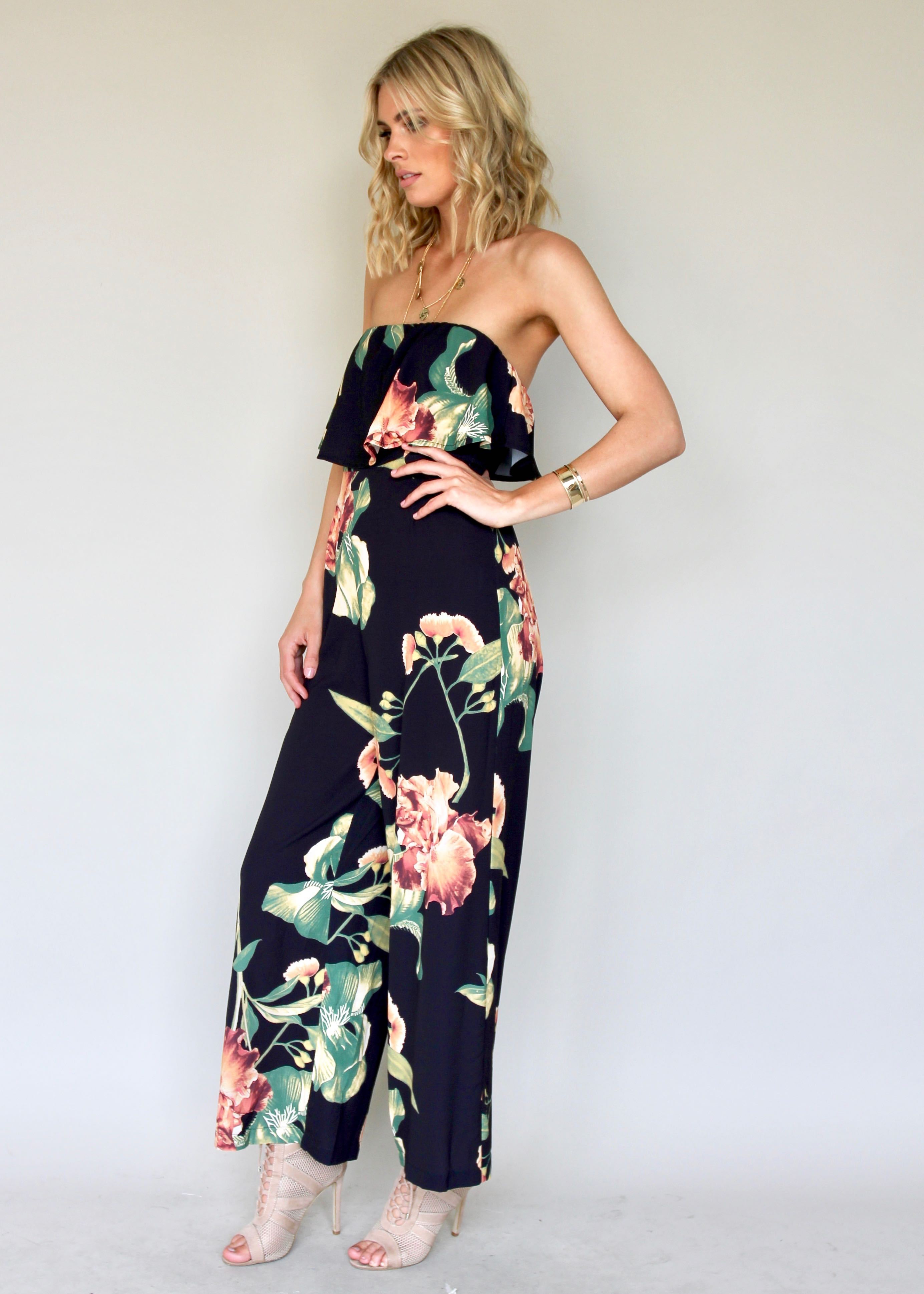 Burning Sun Strapless Pantsuit - Black Floral
