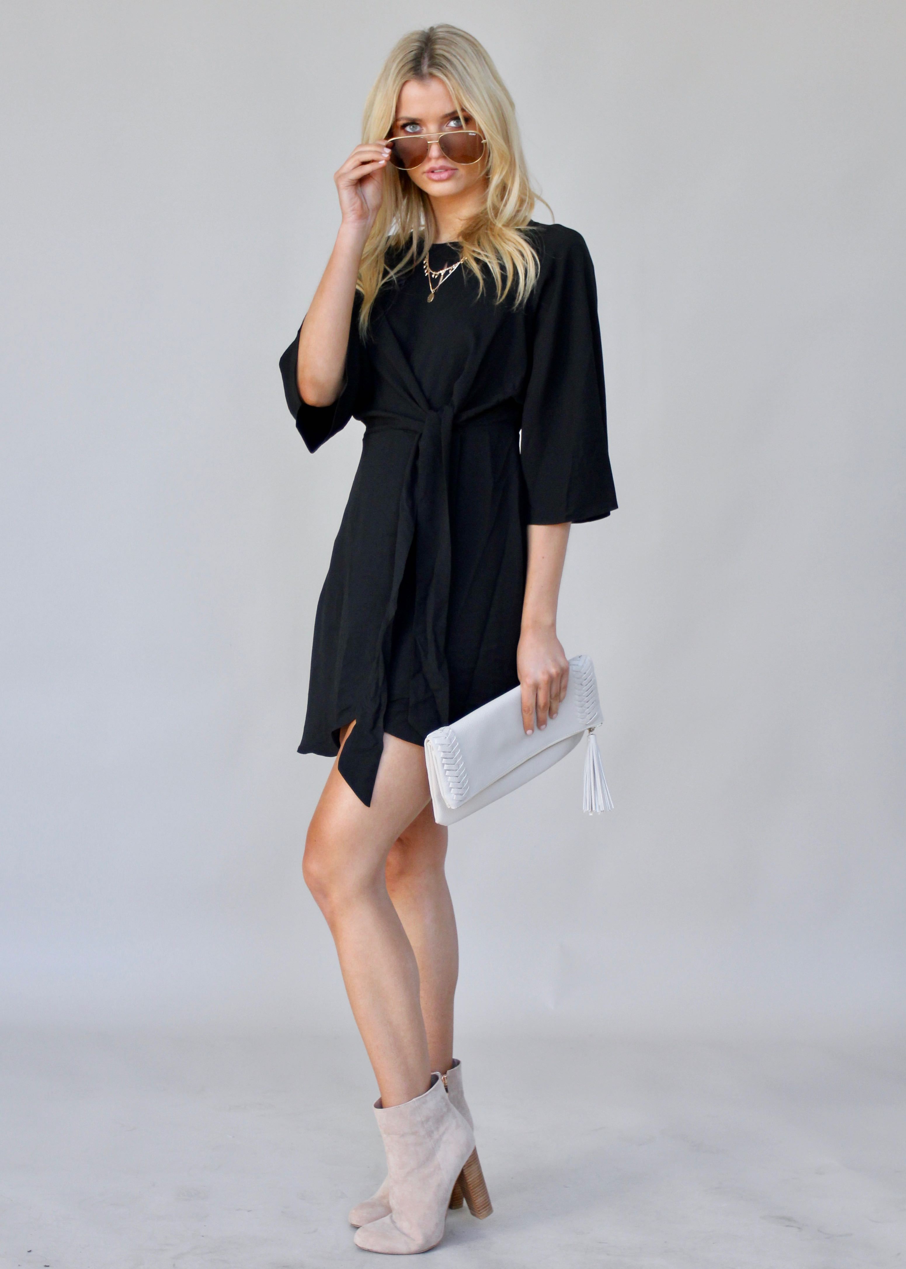 Fine Print Tie Dress - Black