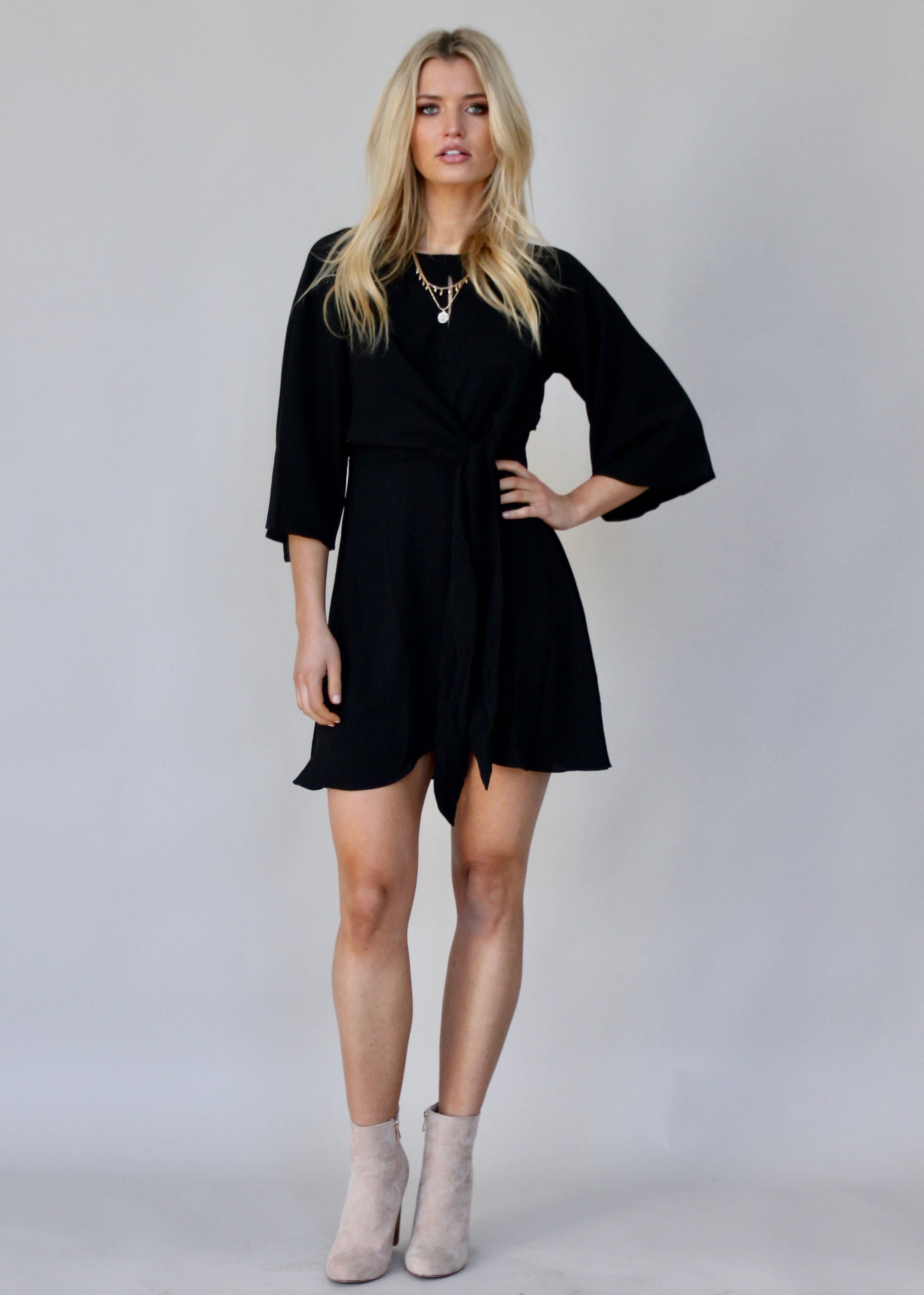 Fine Print Tie Dress - Black