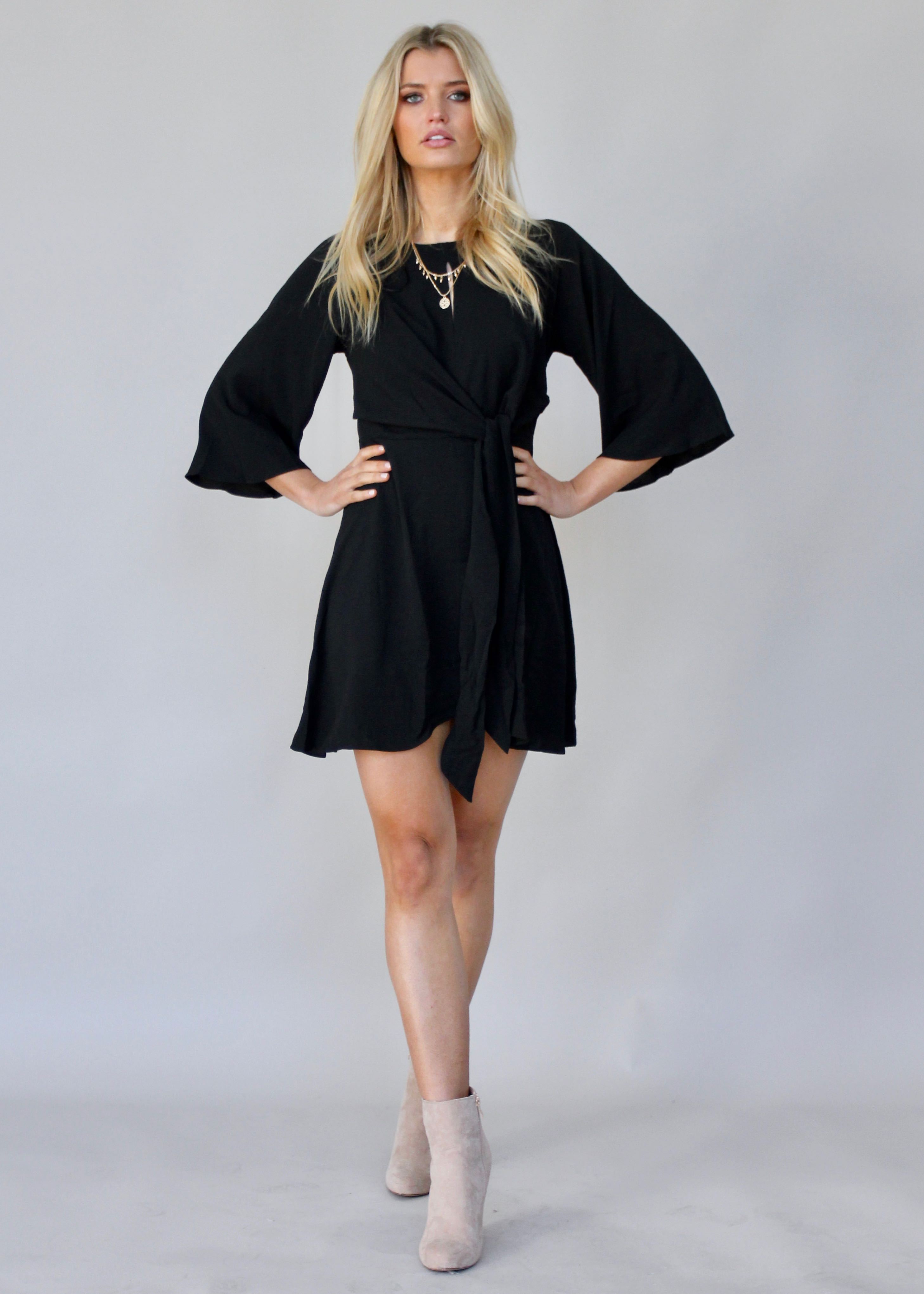Fine Print Tie Dress - Black