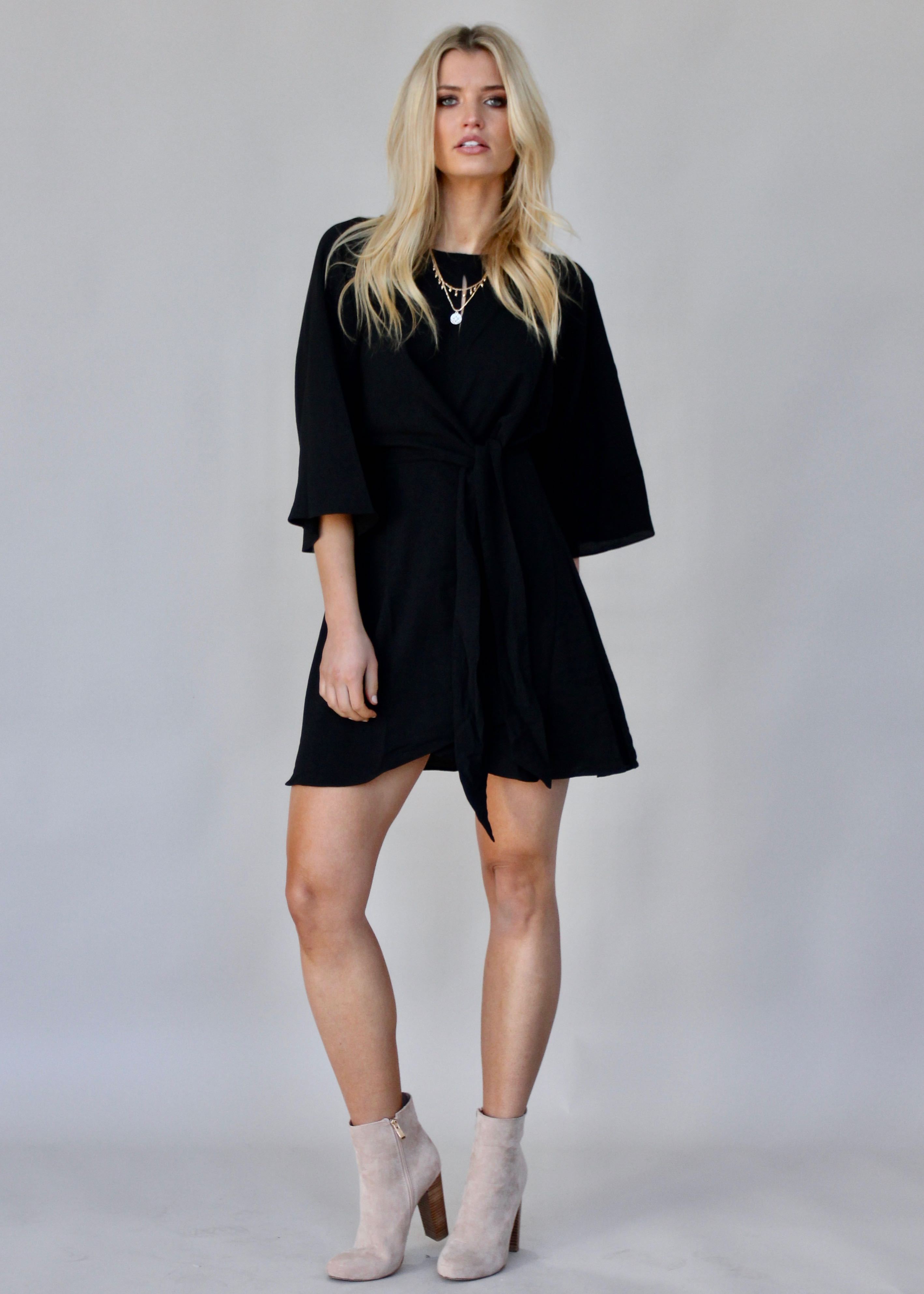 Fine Print Tie Dress - Black