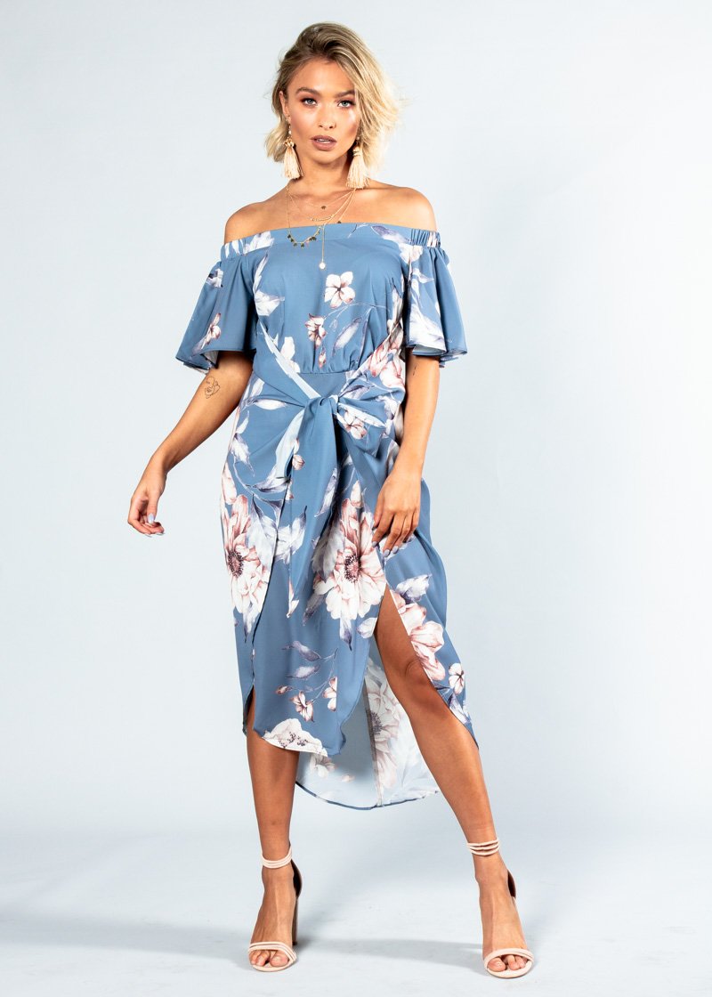 Candid Moment Off Shoulder Midi Dress - Blue Floral