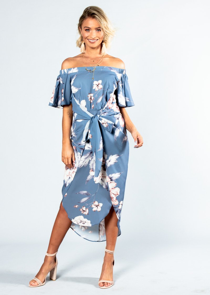 Candid Moment Off Shoulder Midi Dress - Blue Floral