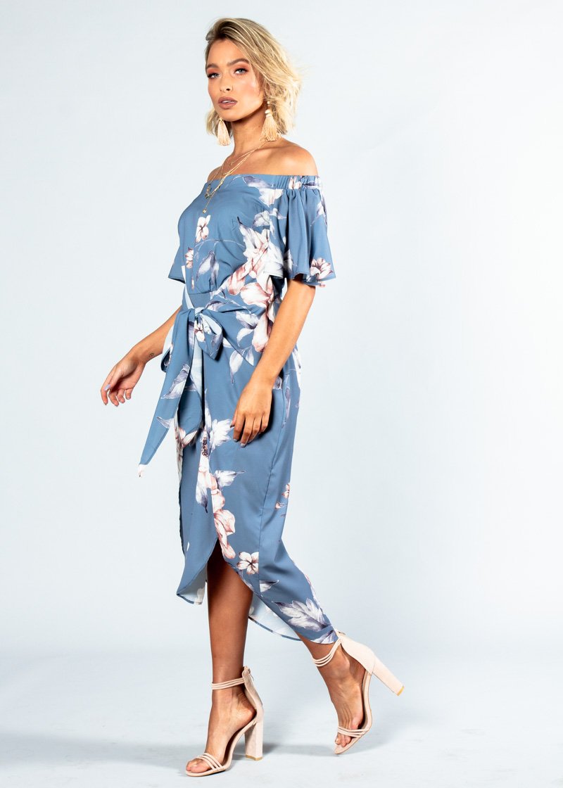 Candid Moment Off Shoulder Midi Dress - Blue Floral