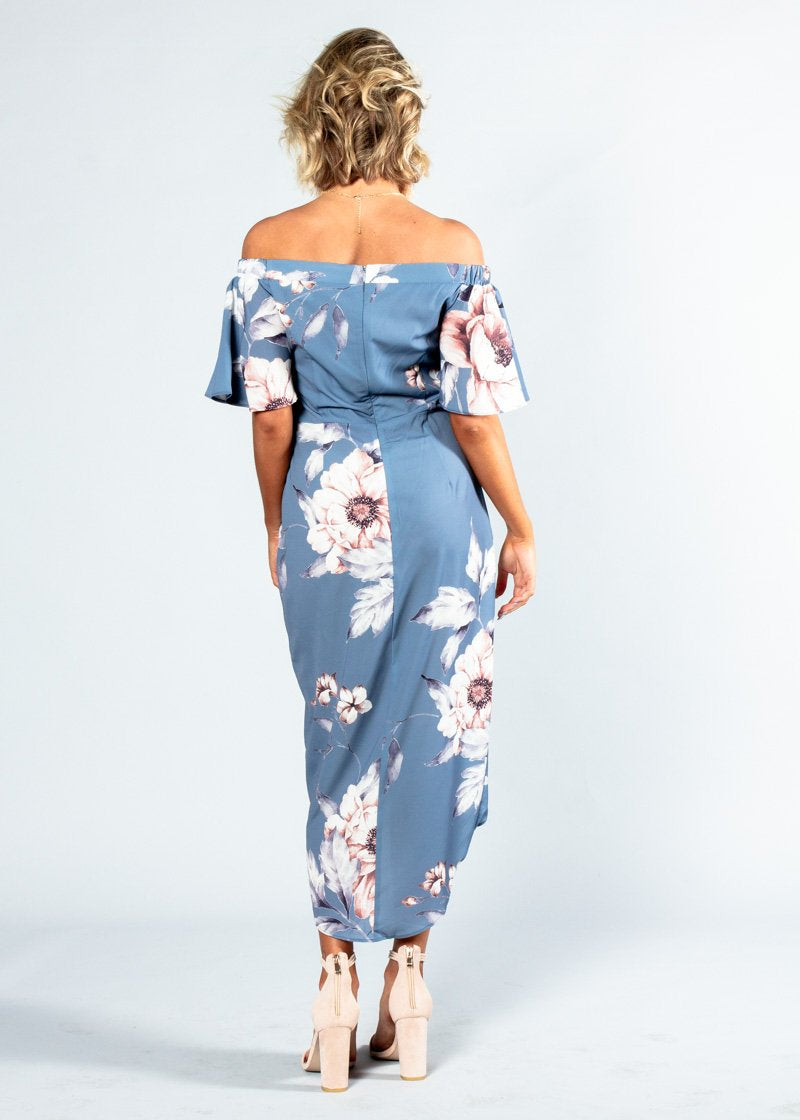 Candid Moment Off Shoulder Midi Dress - Blue Floral