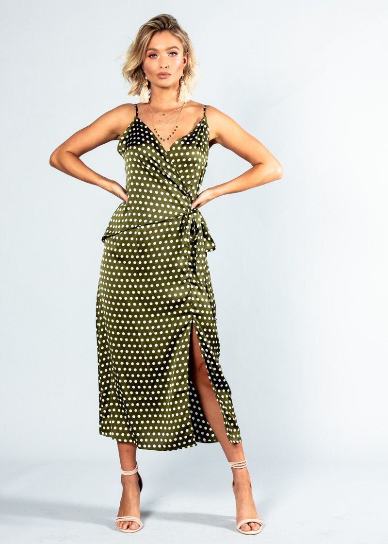 No Ordinary Love Midi Dress - Khaki Polka