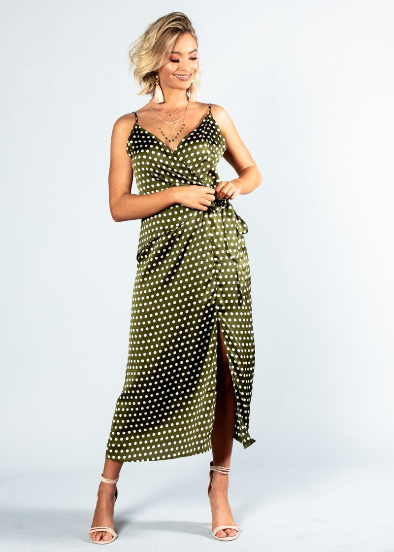 No Ordinary Love Midi Dress - Khaki Polka