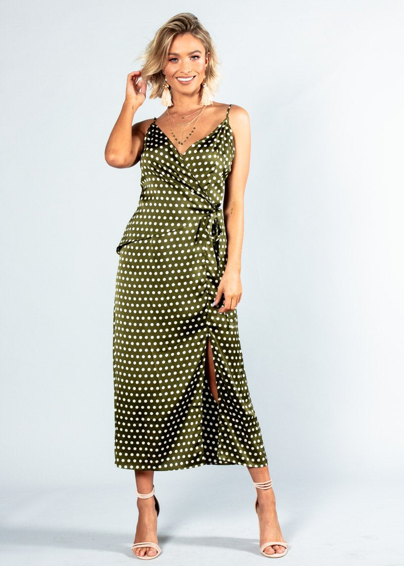 No Ordinary Love Midi Dress - Khaki Polka