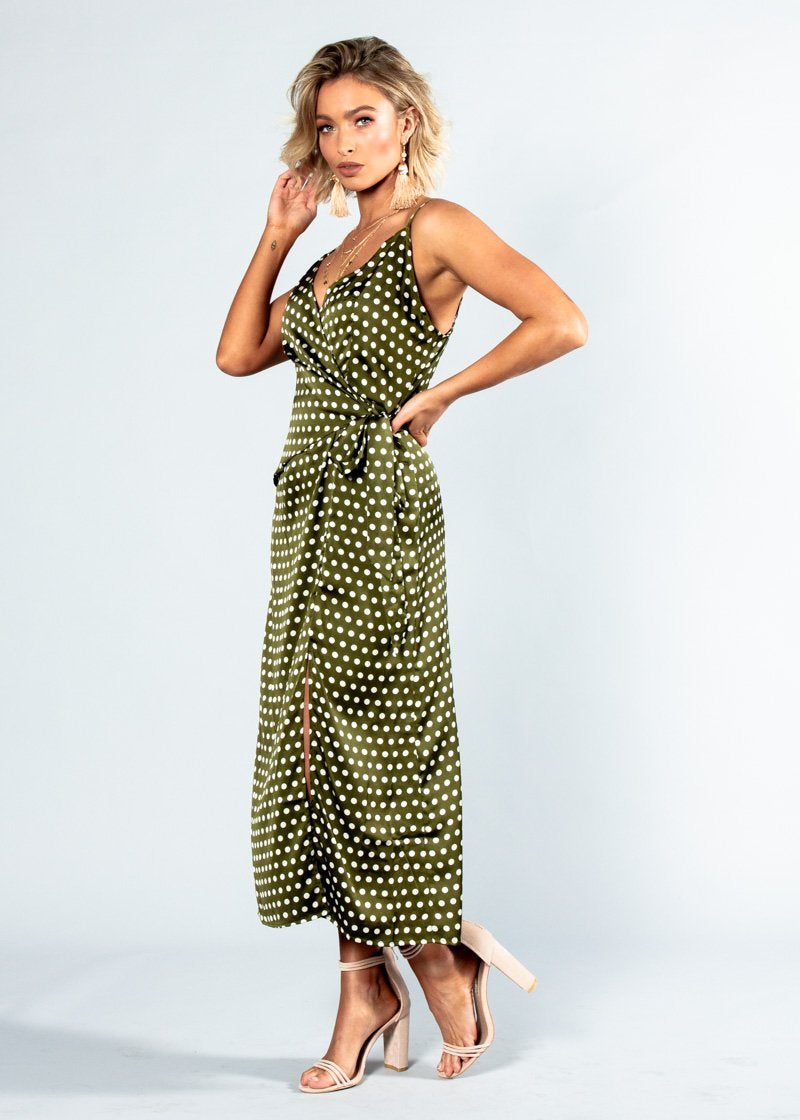 No Ordinary Love Midi Dress - Khaki Polka