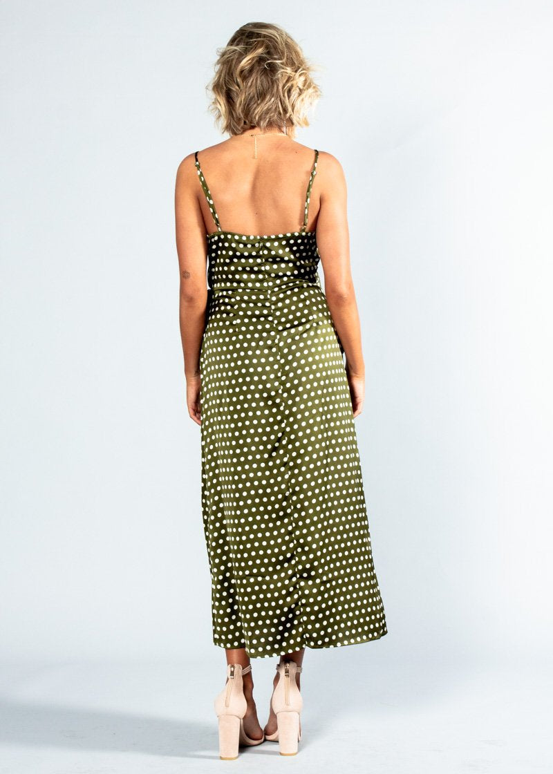No Ordinary Love Midi Dress - Khaki Polka