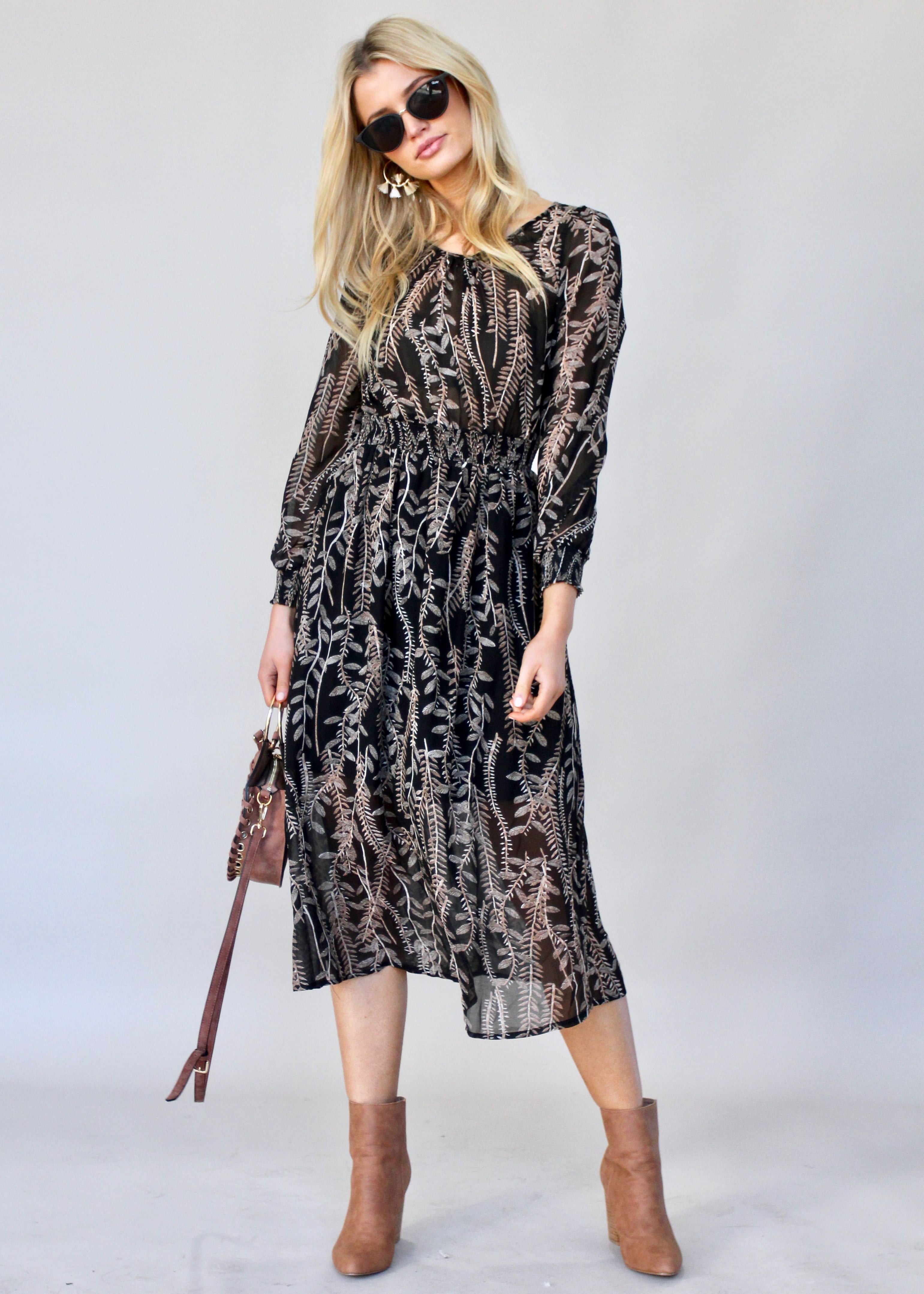 New Light Midi Dress - Black Leaf