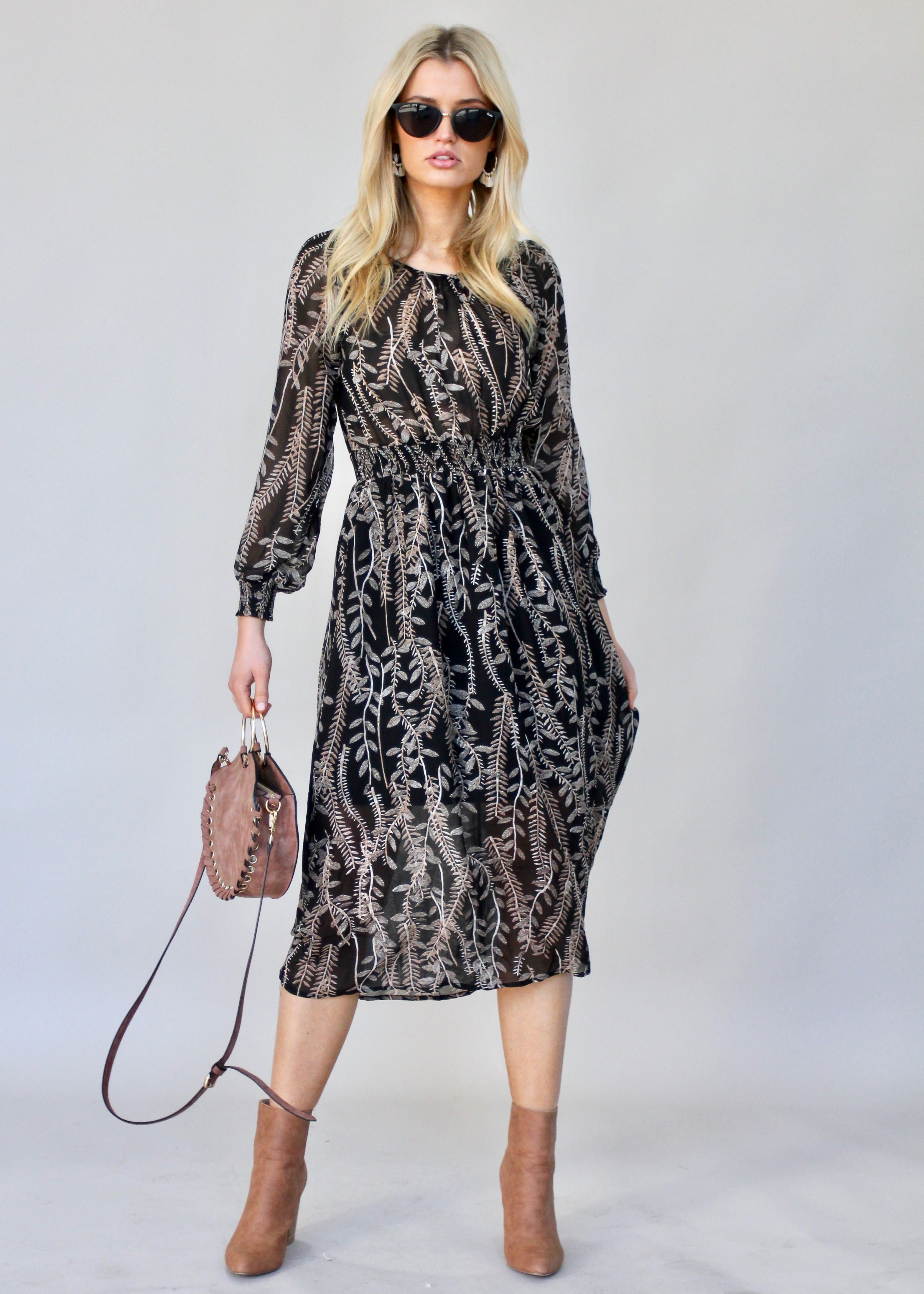 New Light Midi Dress - Black Leaf