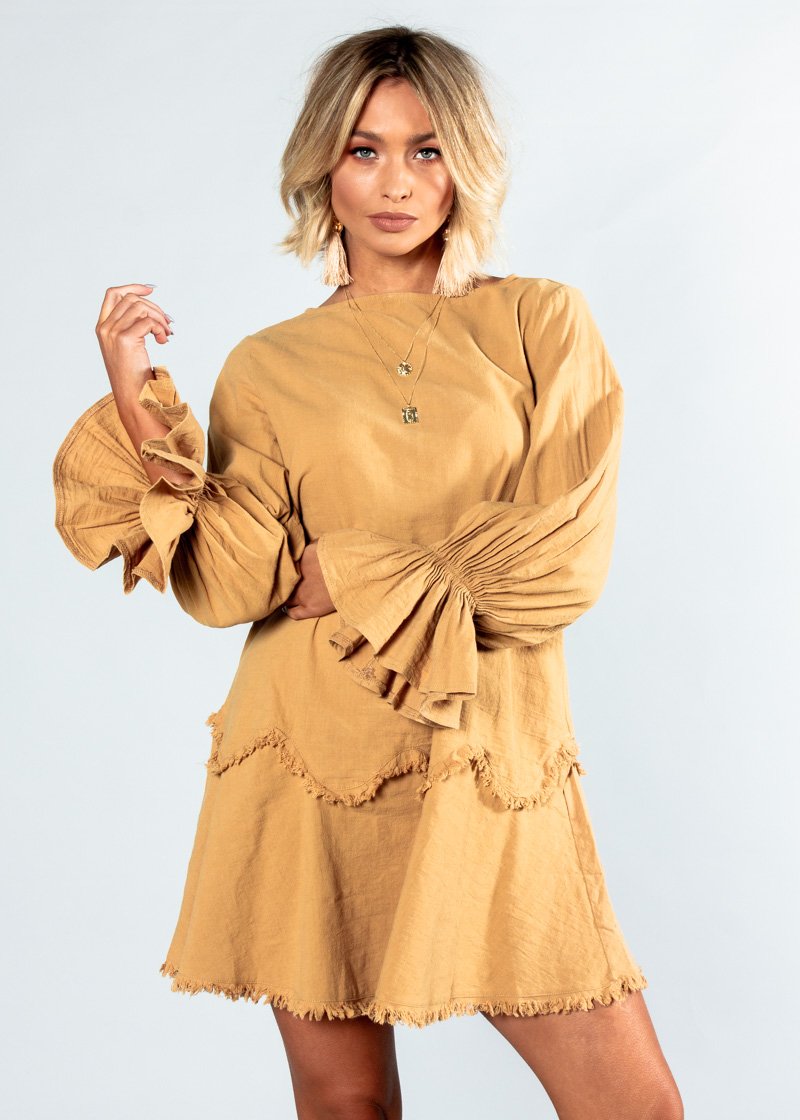 Bounce Back Frayed Dress - Ochre