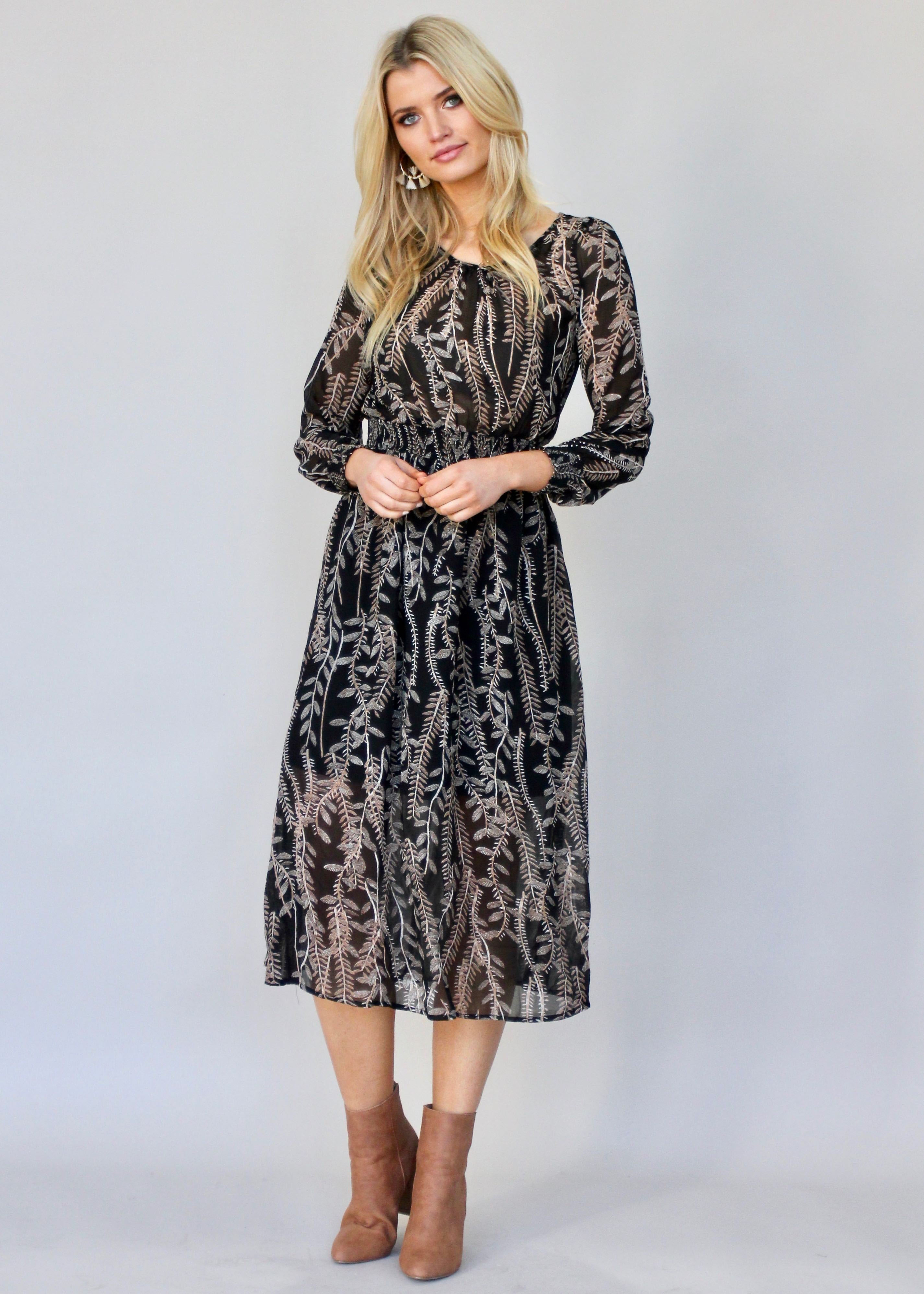 New Light Midi Dress - Black Leaf