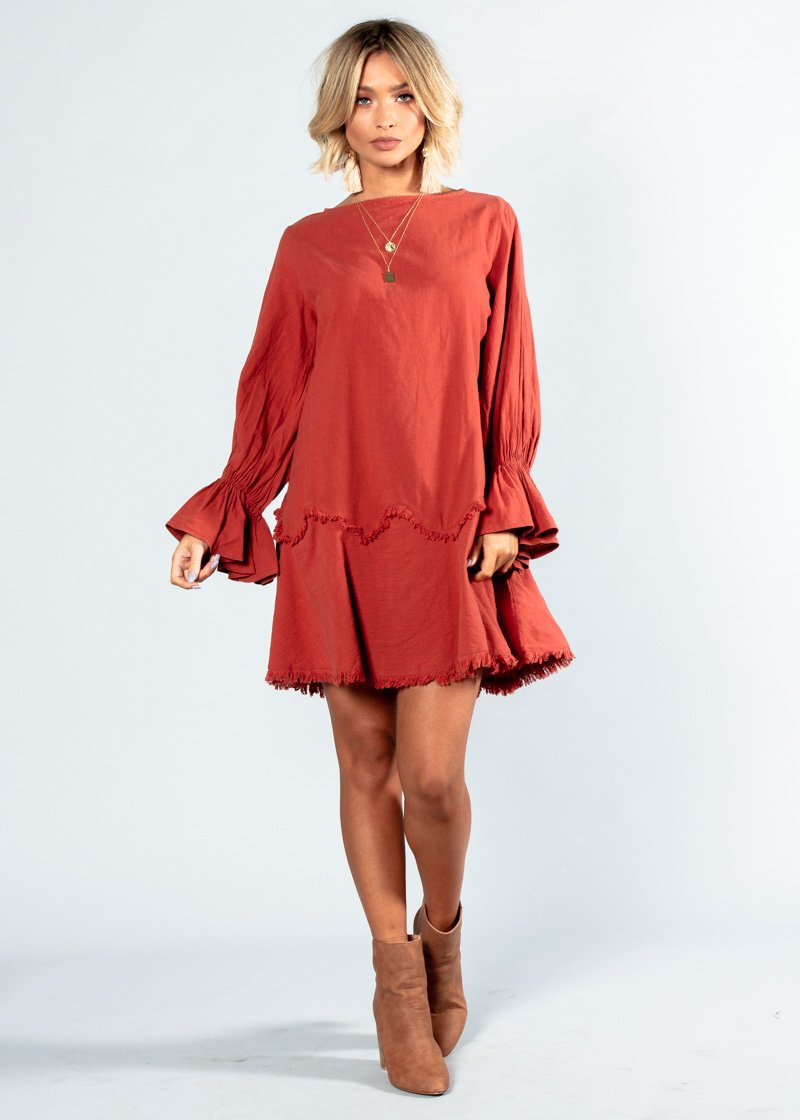 Bounce Back Frayed Dress - Rust