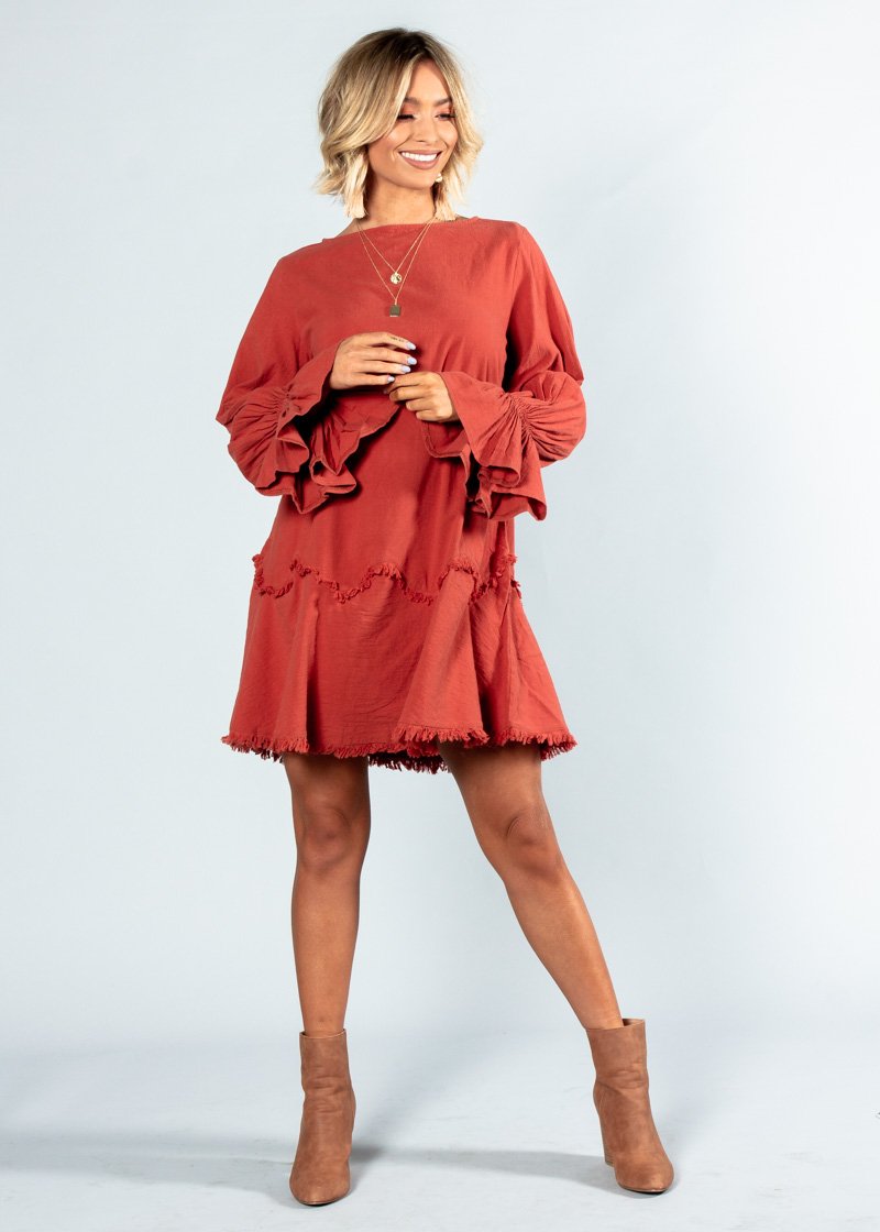 Bounce Back Frayed Dress - Rust
