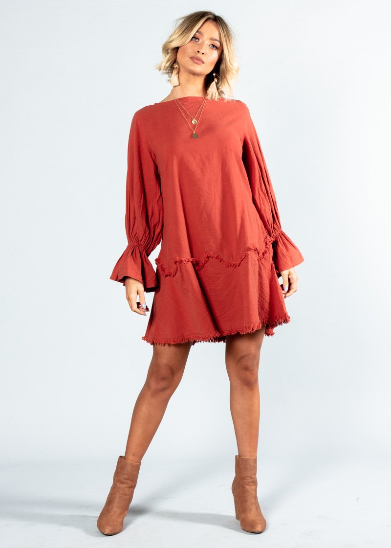 Bounce Back Frayed Dress - Rust