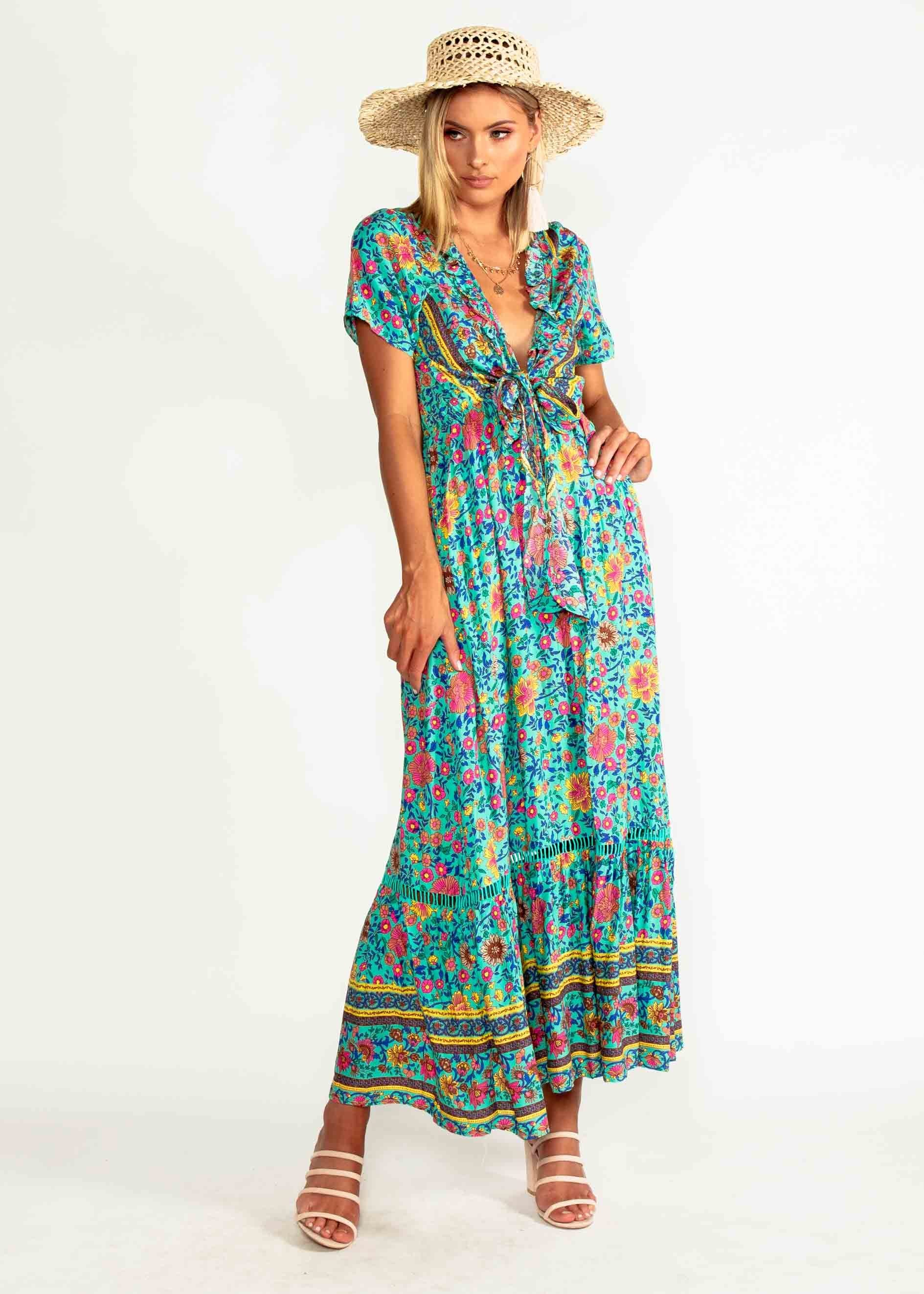 Mabel Tie Maxi Dress - Teal Blossom