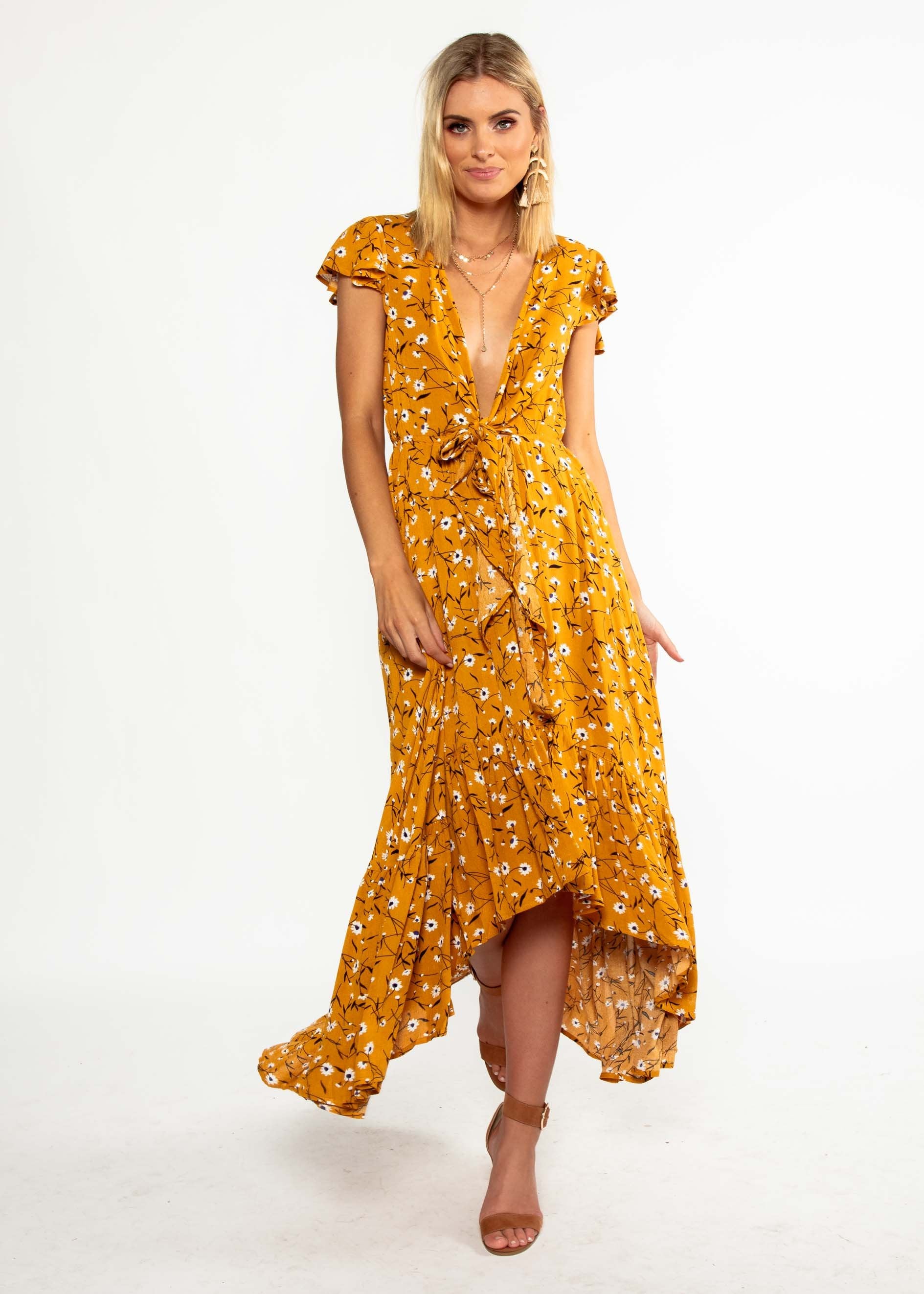Sandra Hi-Lo Midi Dress - Mustard Floral