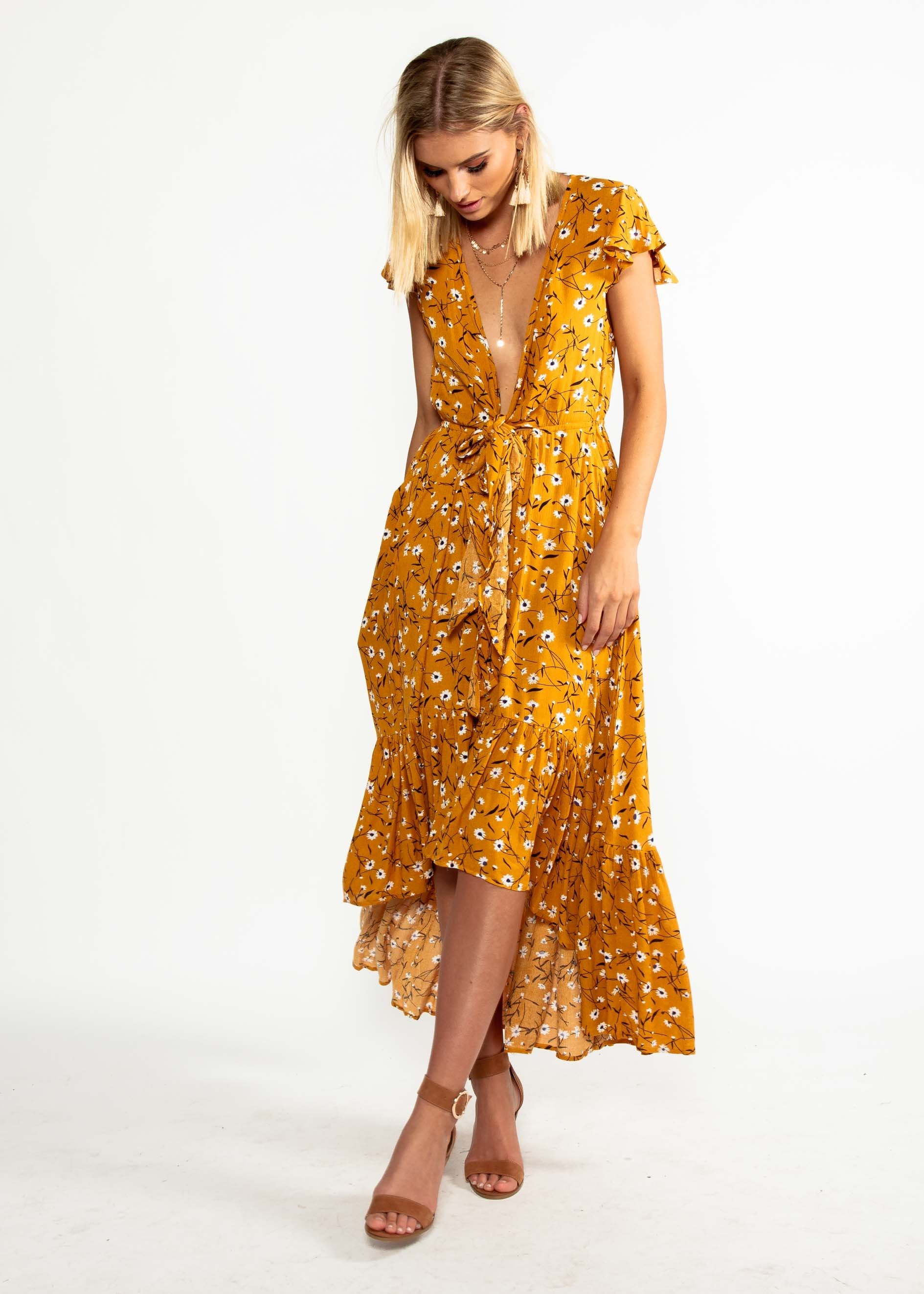 Sandra Hi-Lo Midi Dress - Mustard Floral