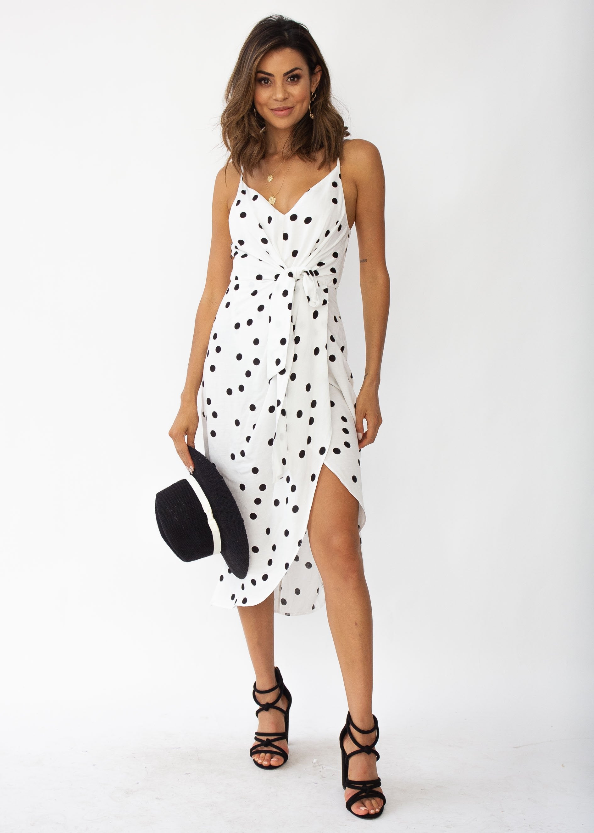 Never Be The Same Linen Midi Dress - White Polka