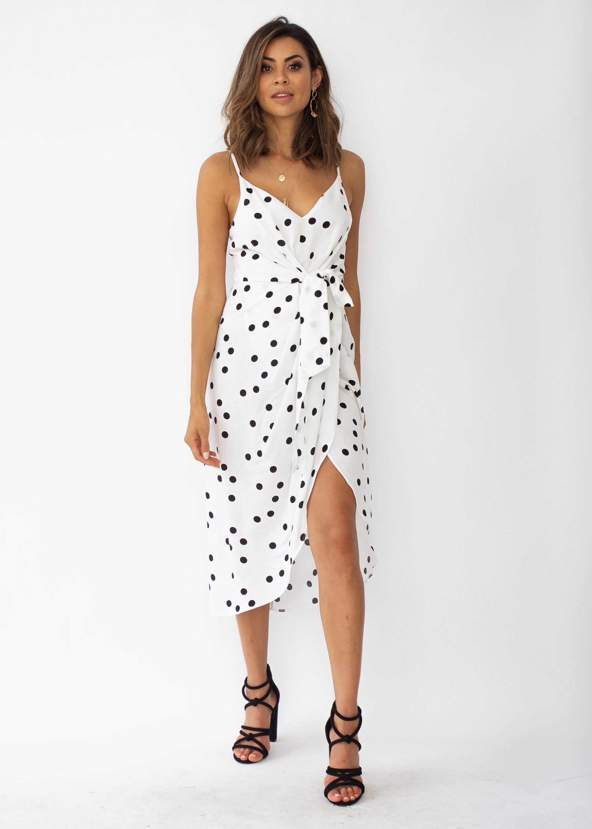 Never Be The Same Linen Midi Dress - White Polka