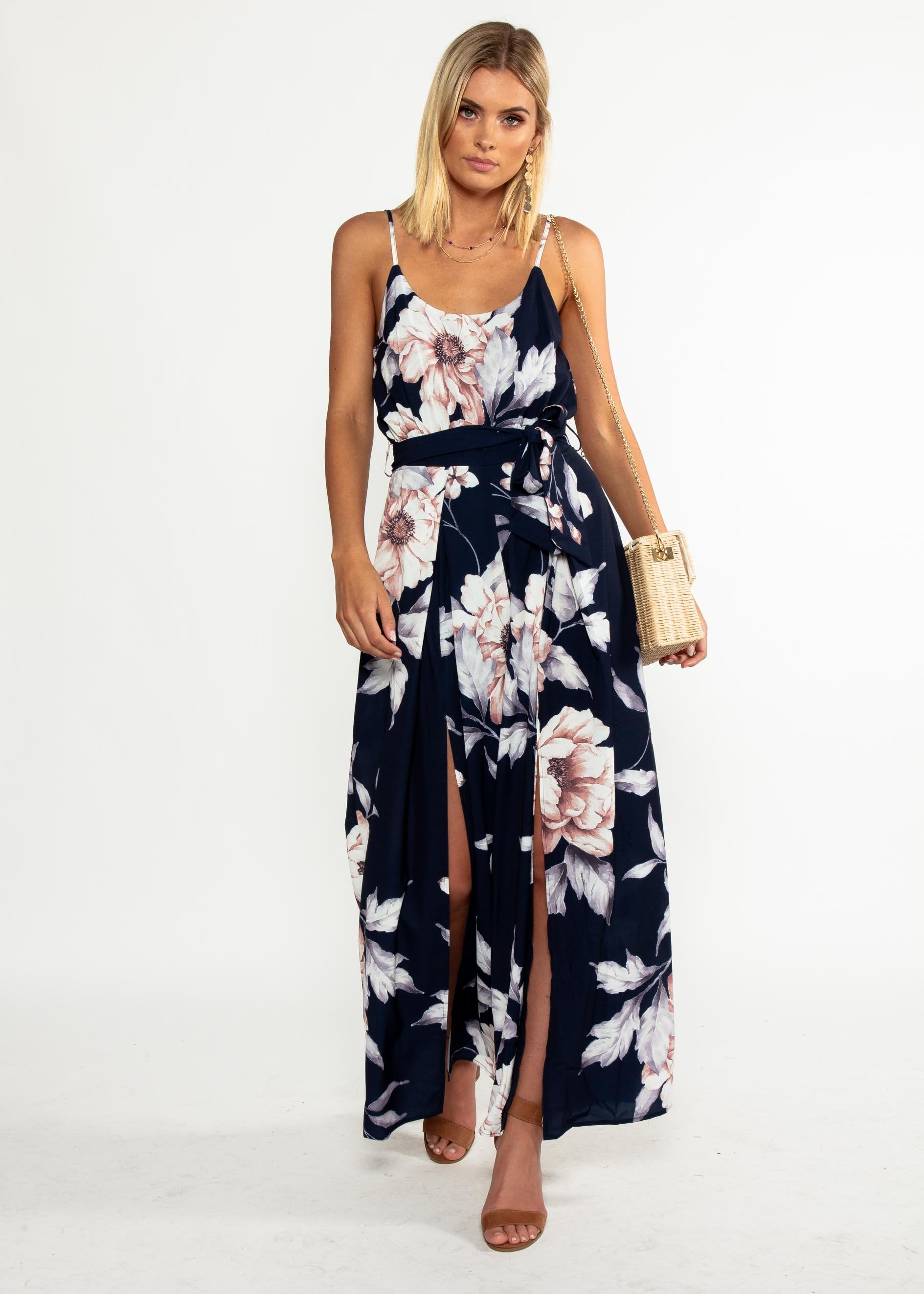 Electric Feeling Pantsuit w/ Tie - Navy Floral