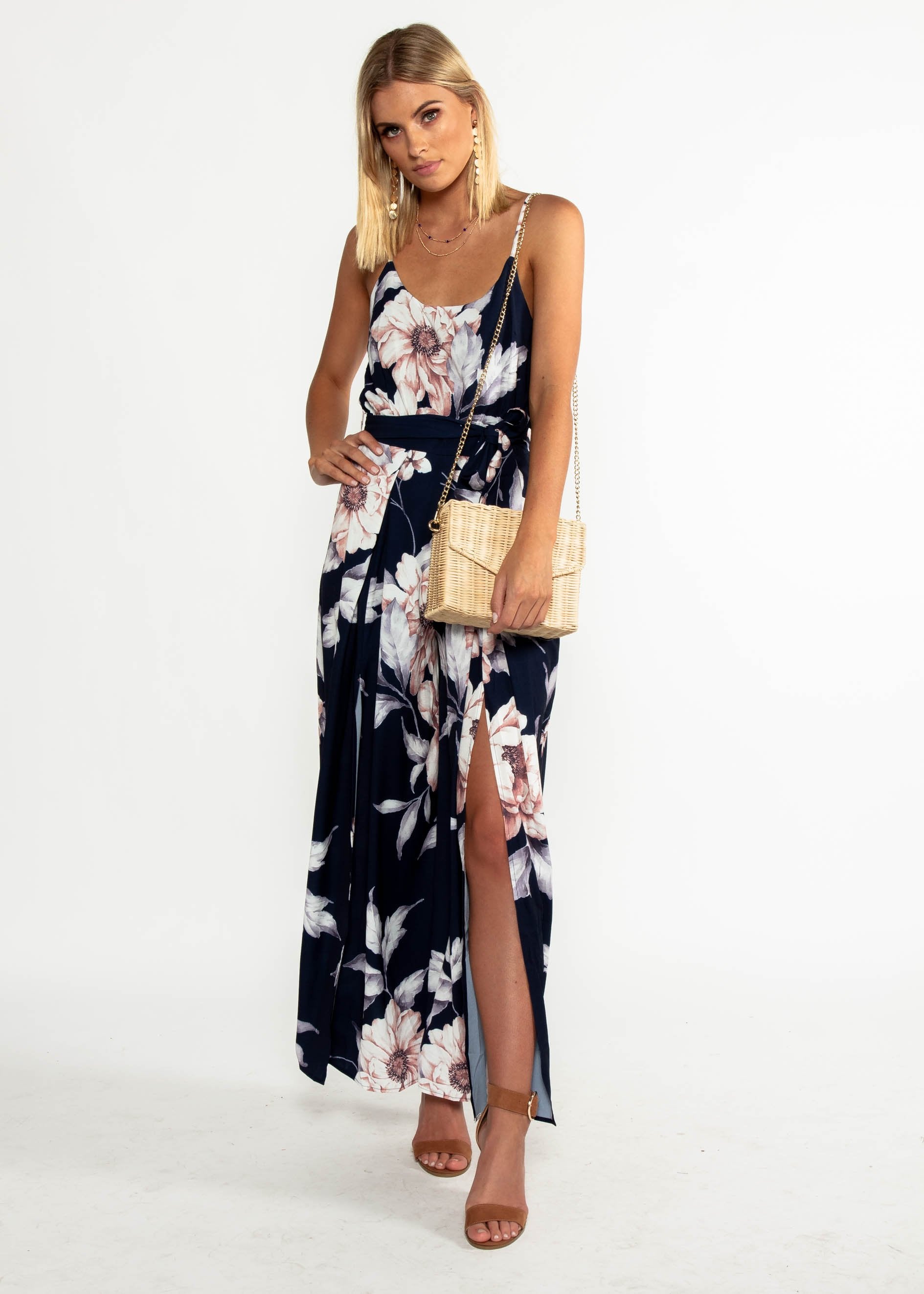 Electric Feeling Pantsuit w/ Tie - Navy Floral