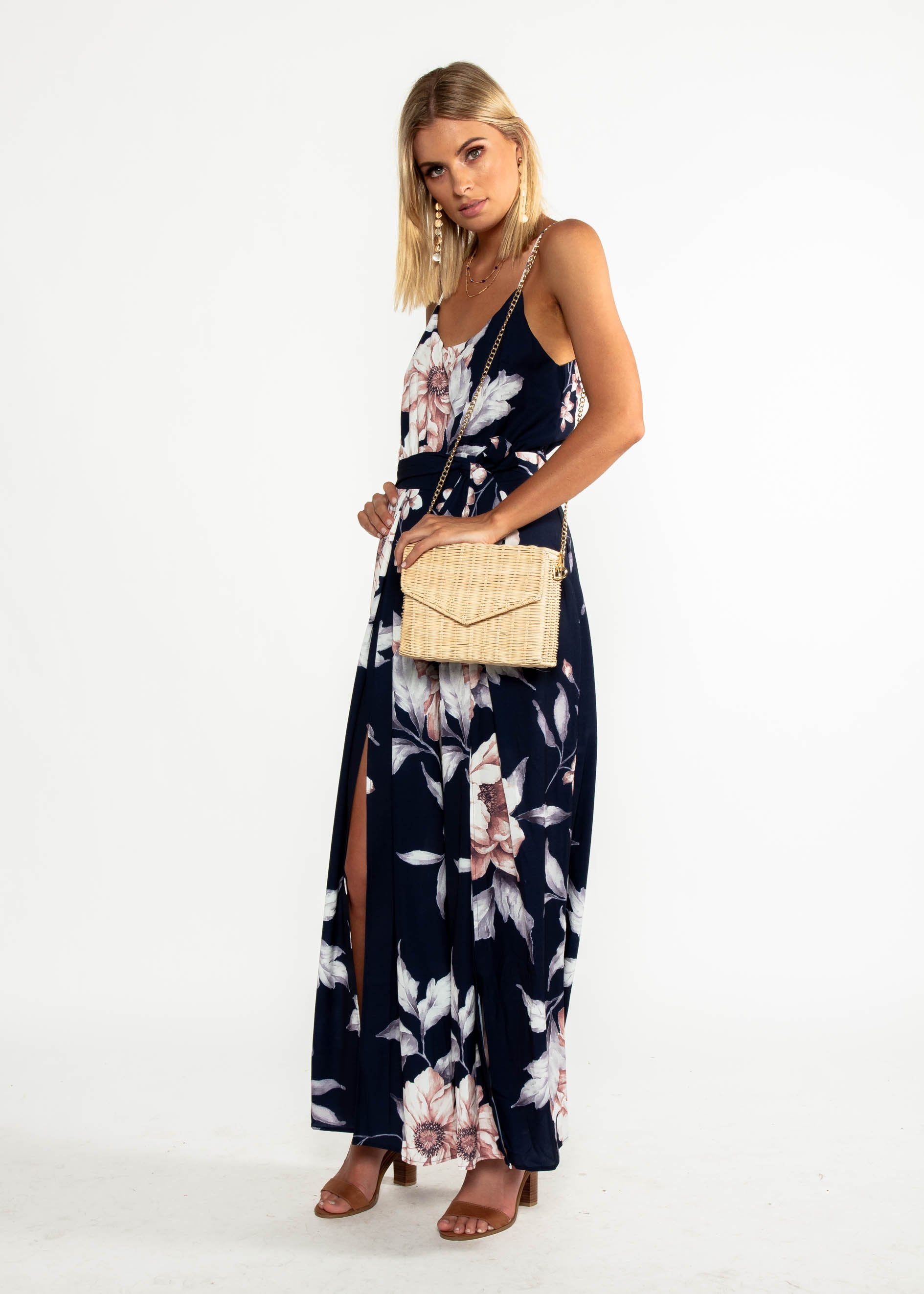 Electric Feeling Pantsuit w/ Tie - Navy Floral