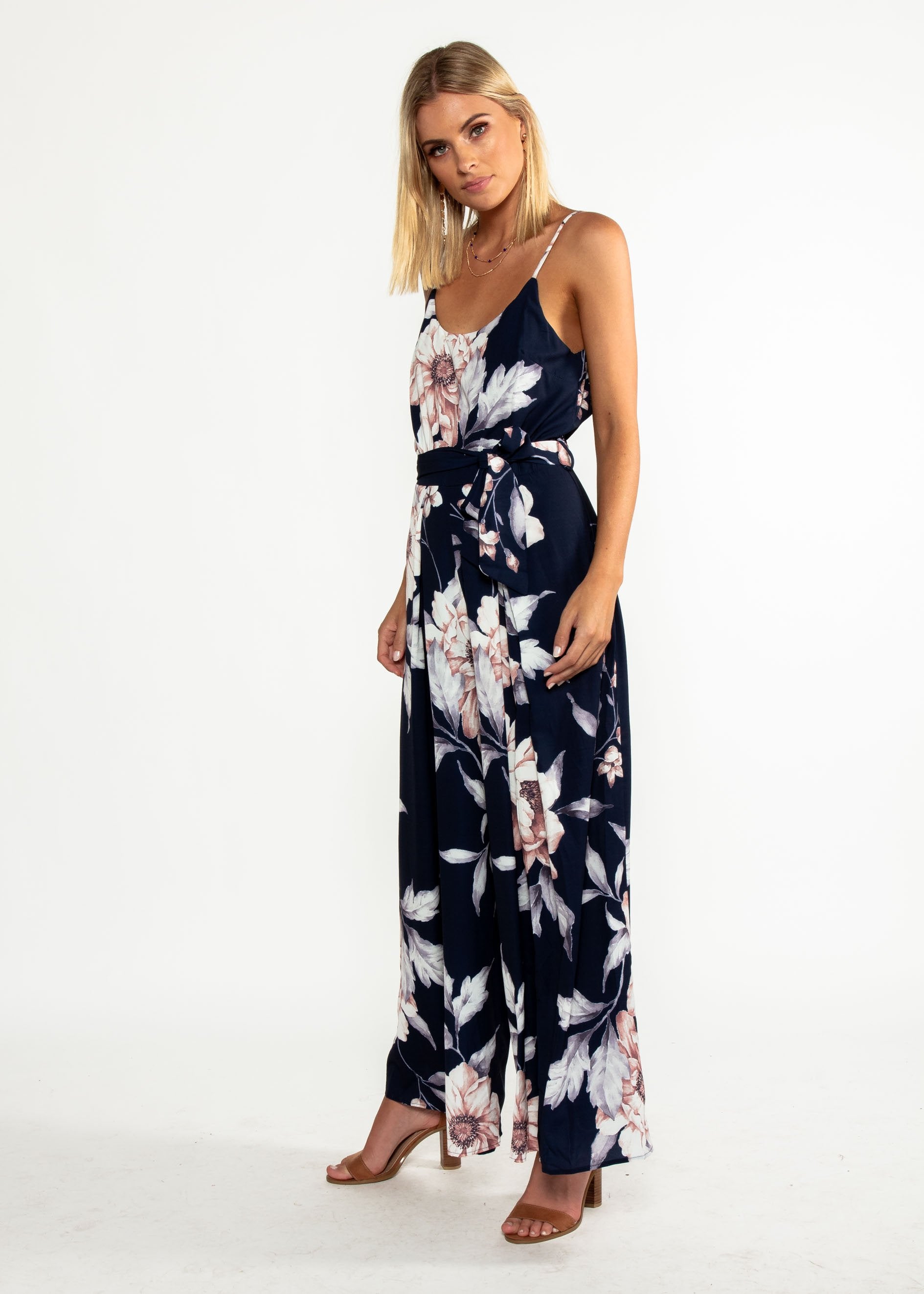 Electric Feeling Pantsuit w/ Tie - Navy Floral