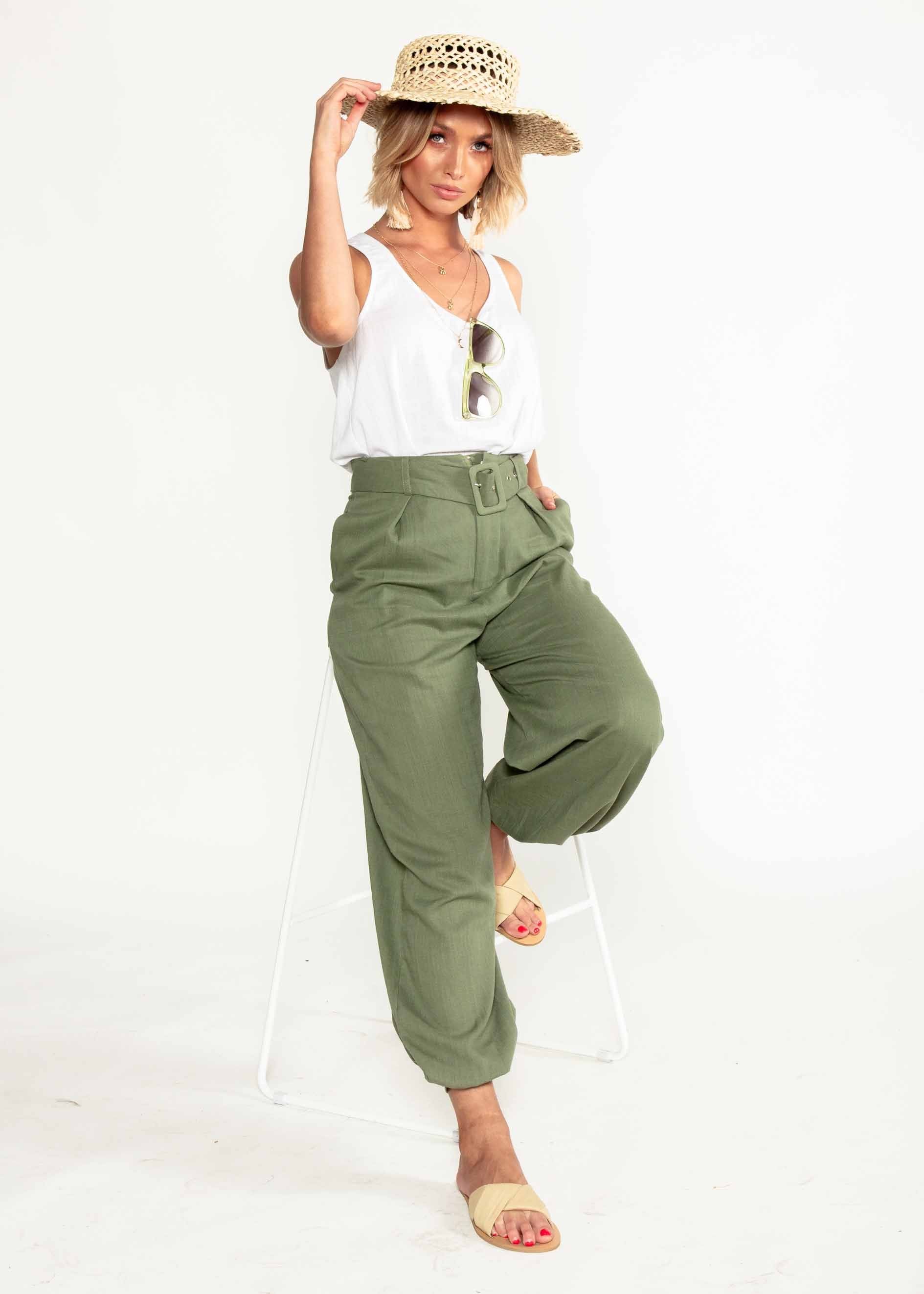 Balmy Dreams Linen Look Pants w/ Belt - Khaki