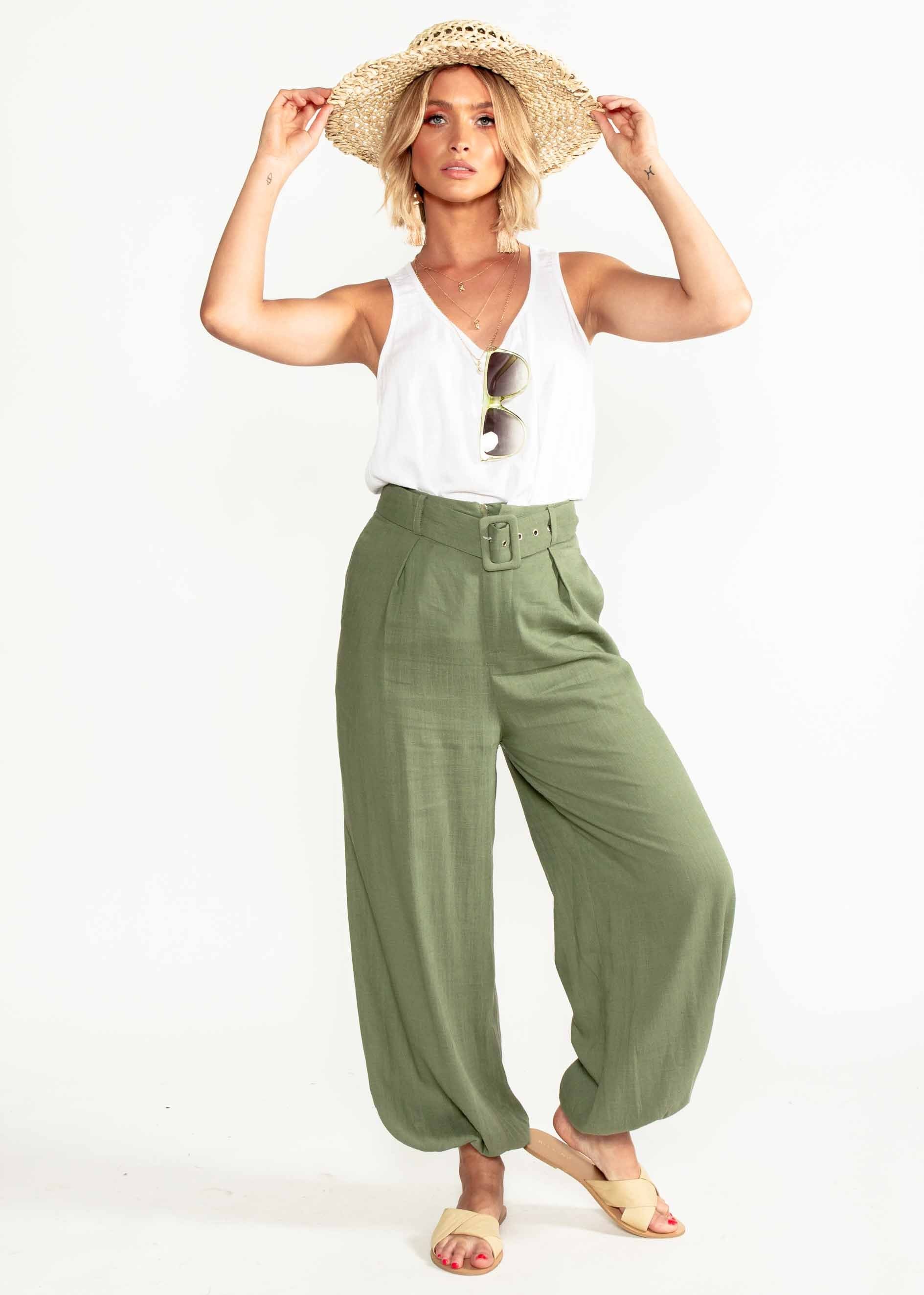 Balmy Dreams Linen Look Pants w/ Belt - Khaki