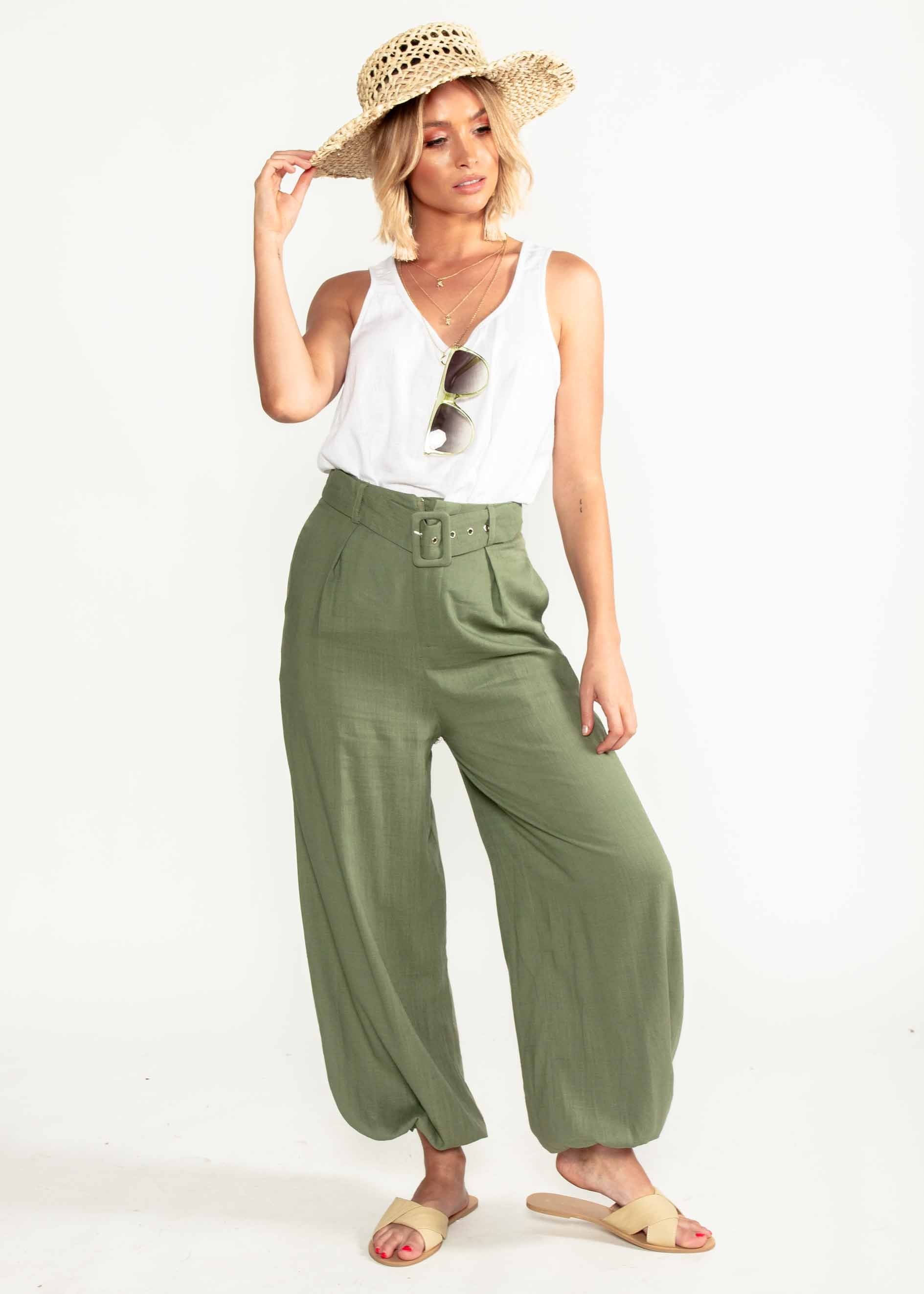 Balmy Dreams Linen Look Pants w/ Belt - Khaki