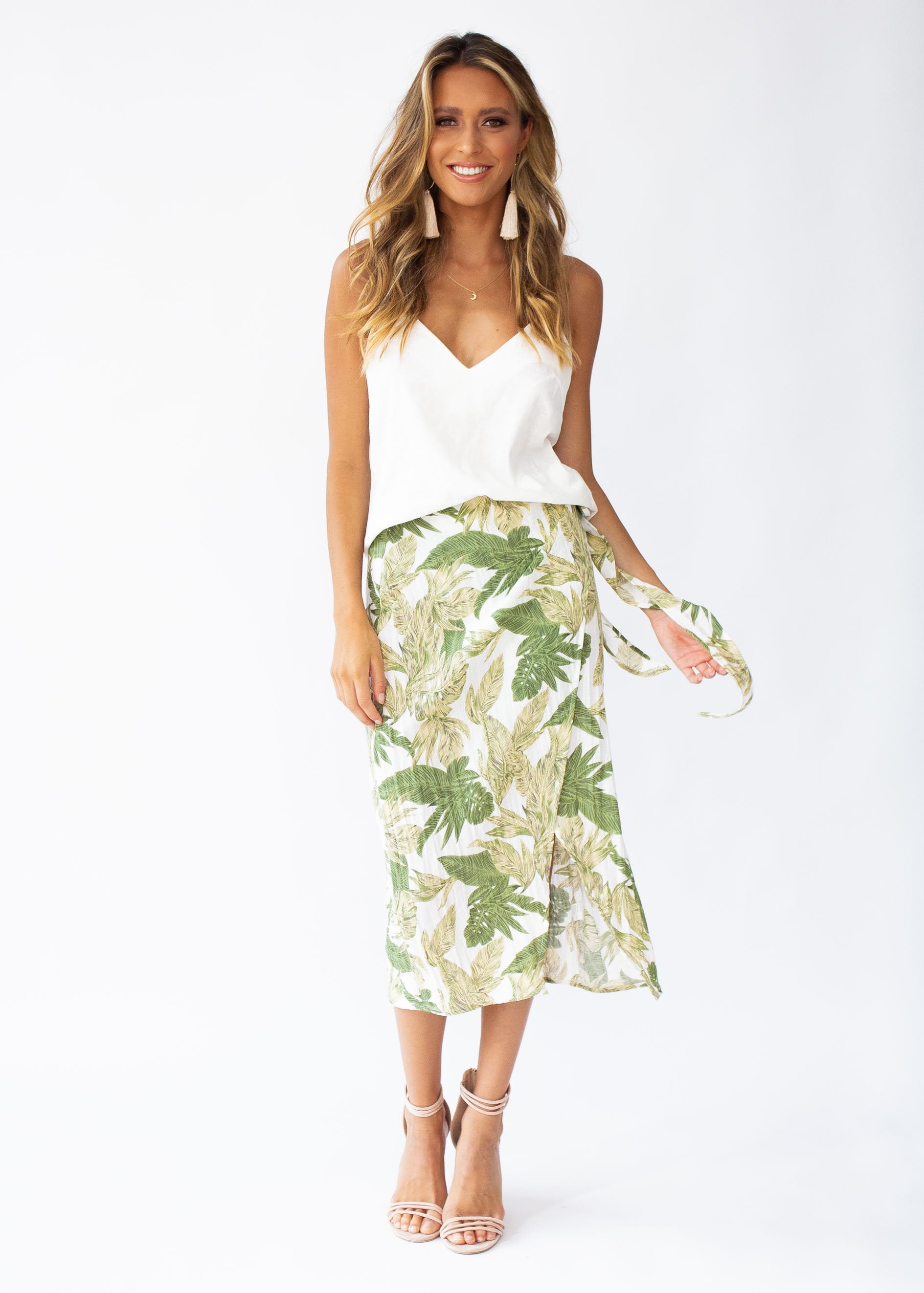Look To You Linen Wrap Midi Skirt - Palm
