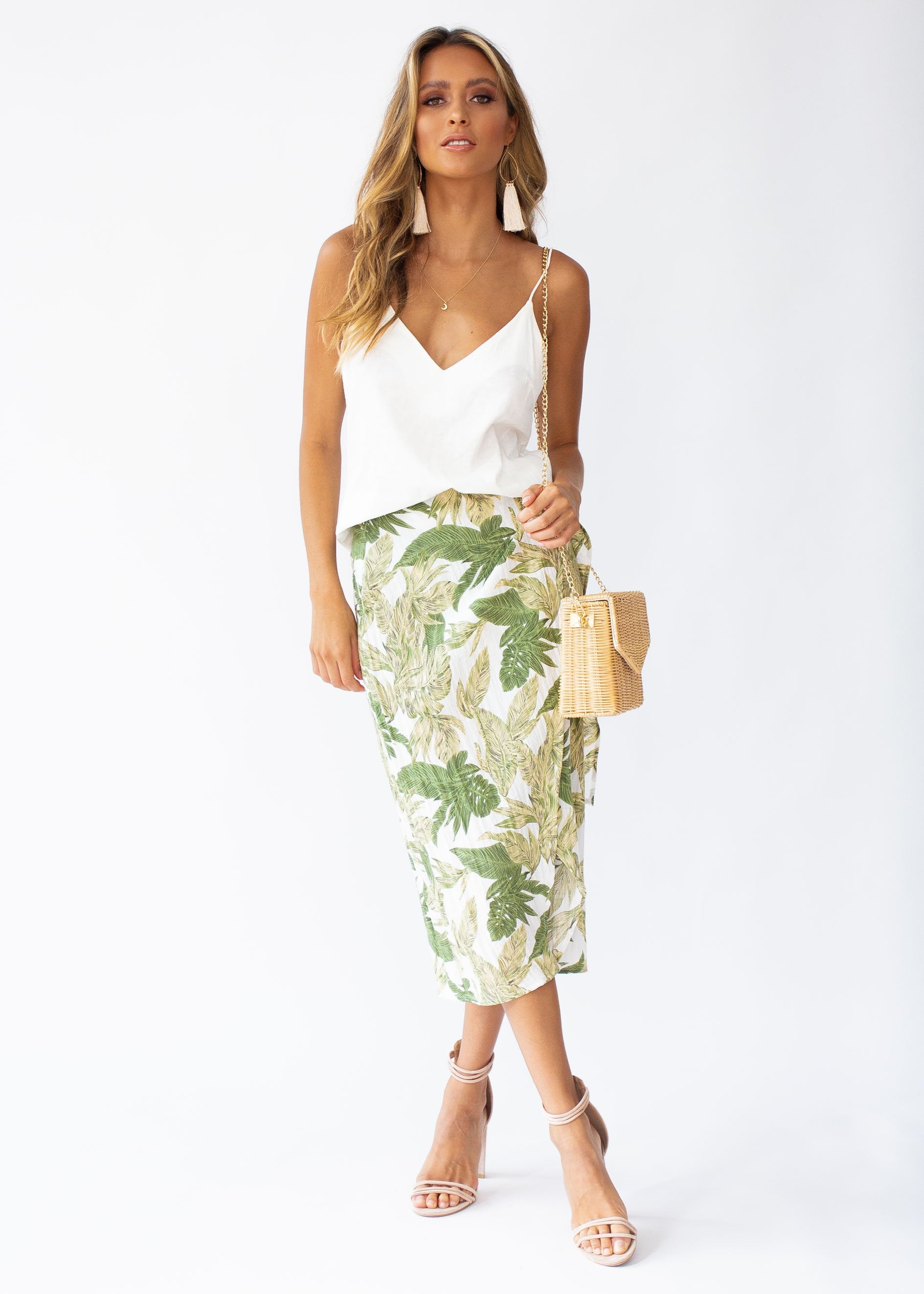Look To You Linen Wrap Midi Skirt - Palm