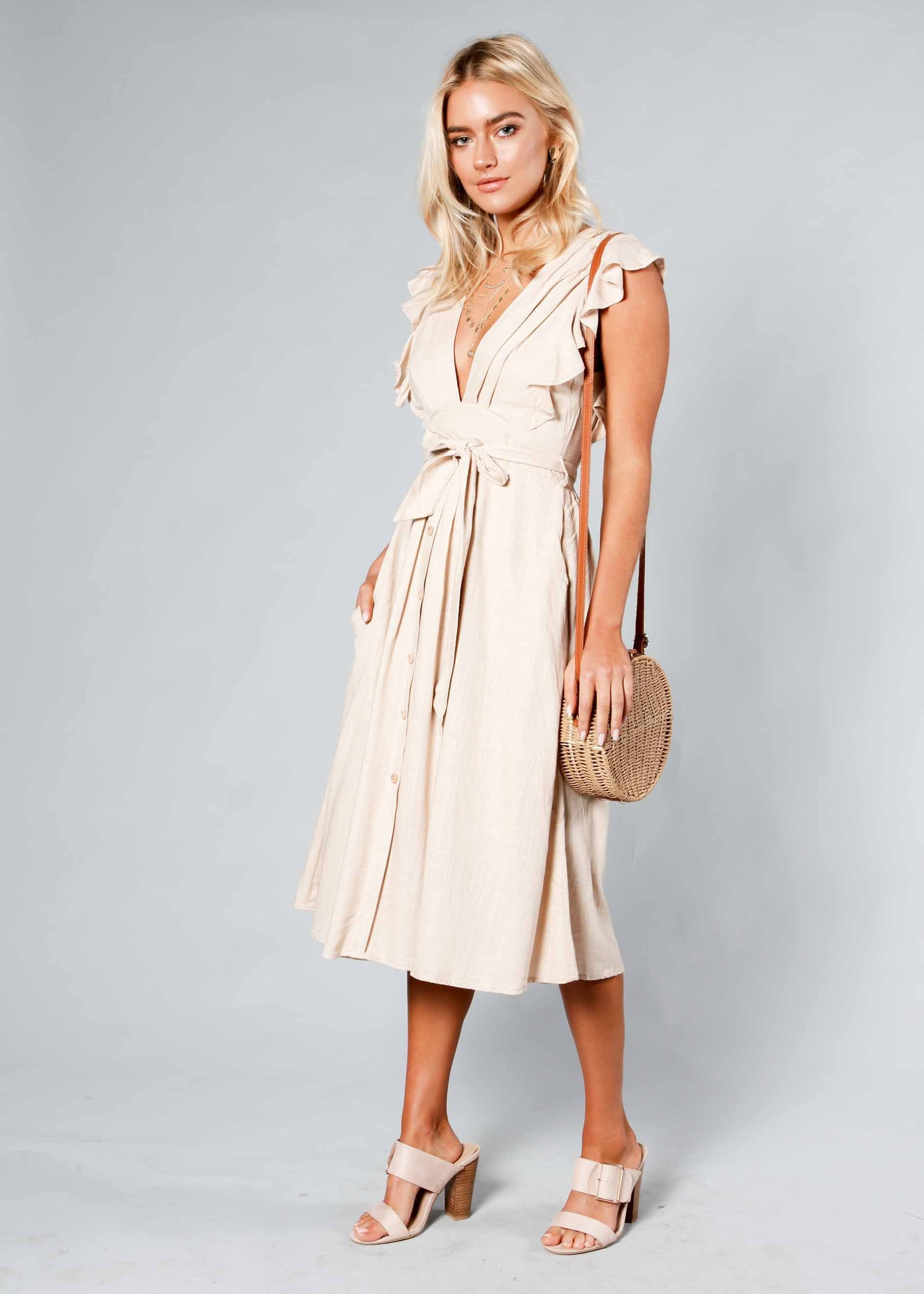 Raegan Linen Midi Dress w/ Tie - Beige