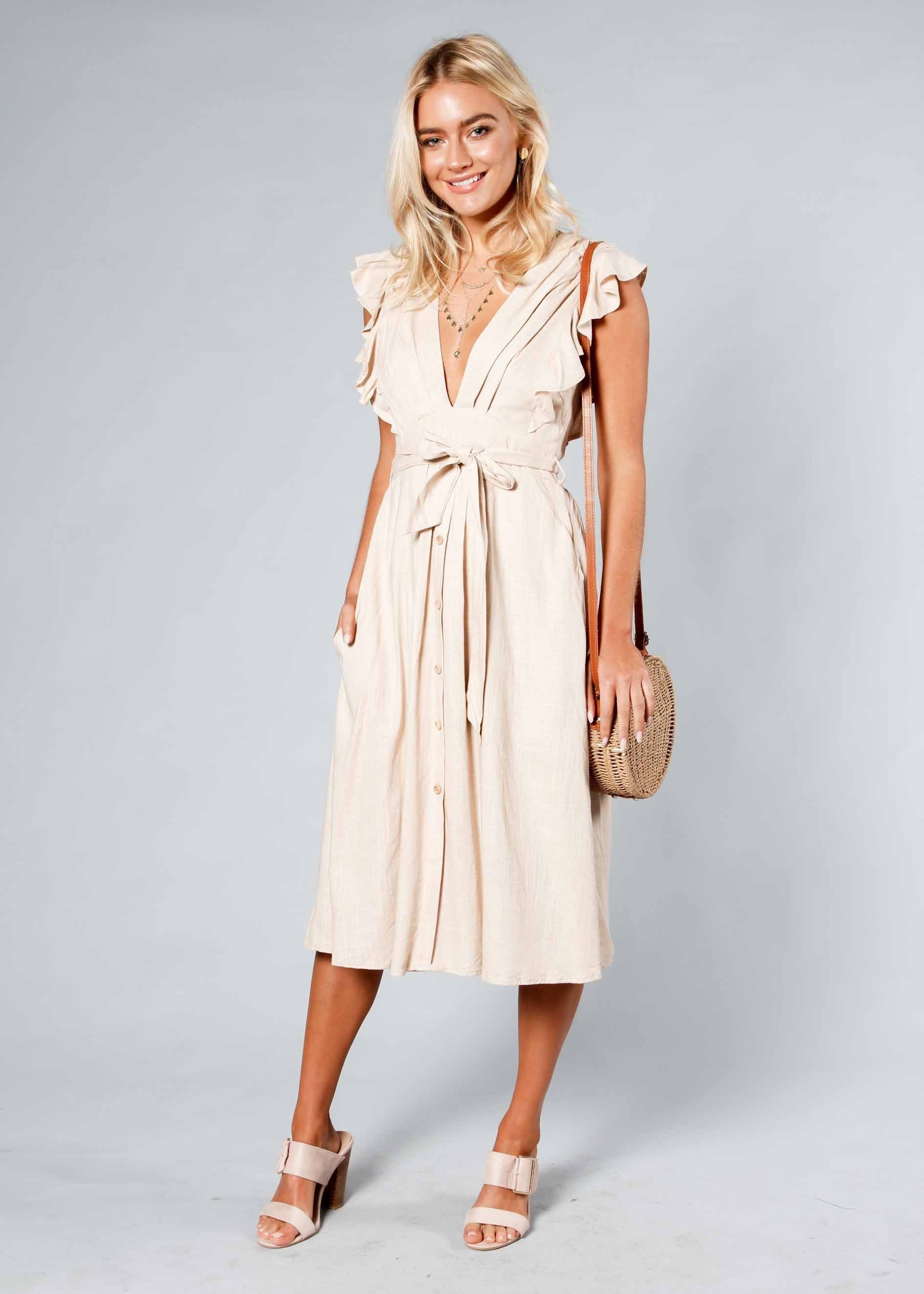 Raegan Linen Midi Dress w/ Tie - Beige