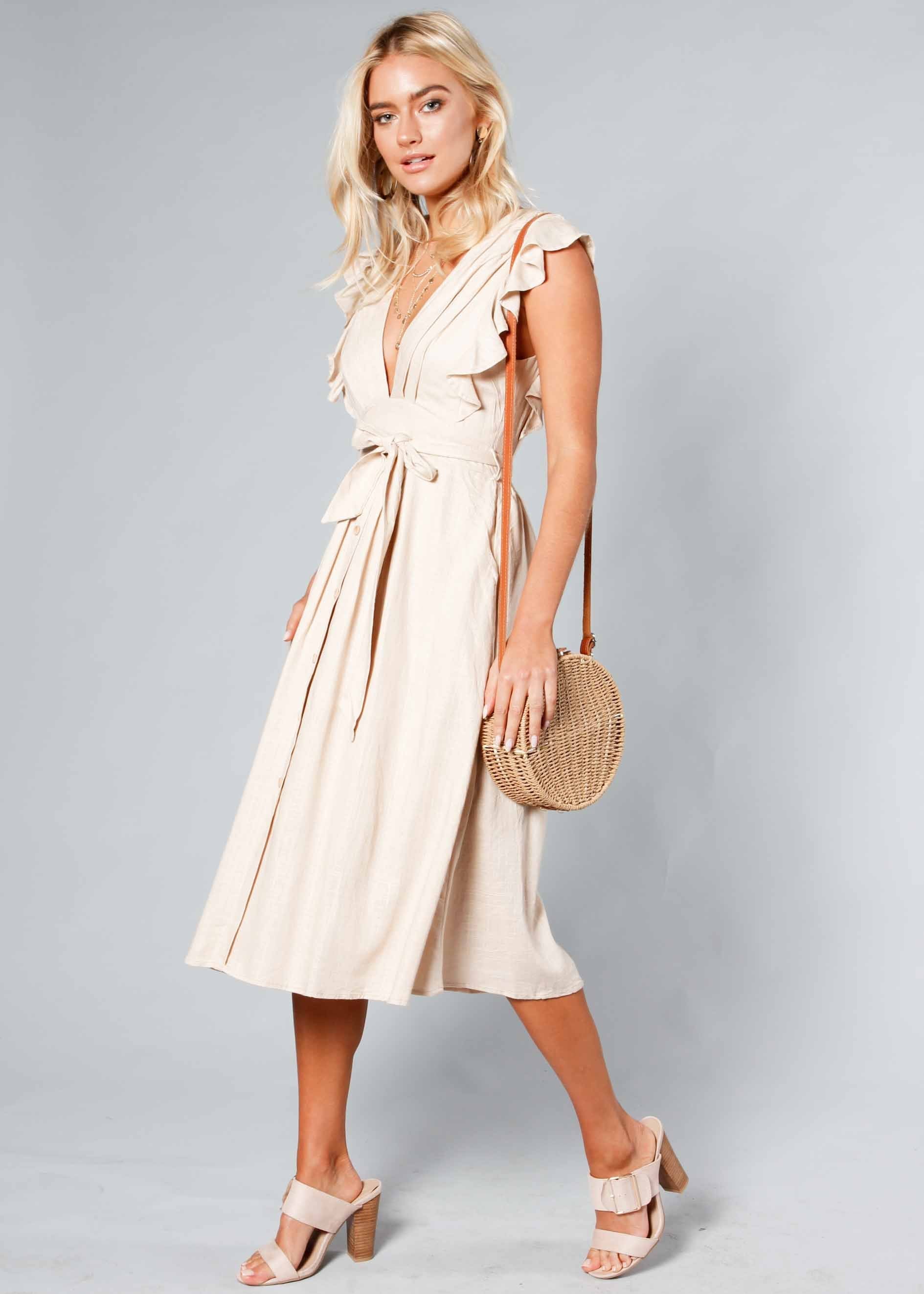 Raegan Linen Midi Dress w/ Tie - Beige