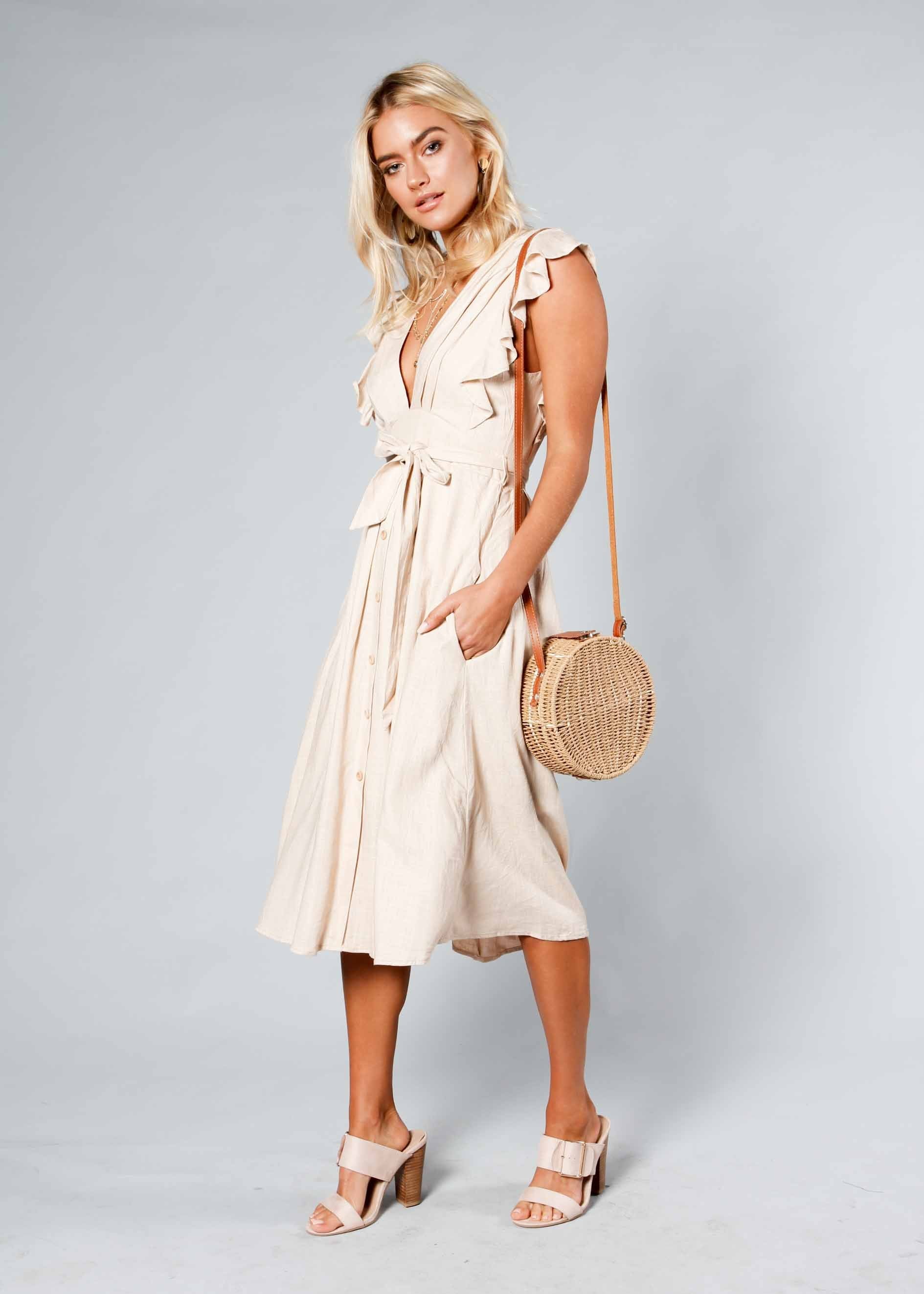 Raegan Linen Midi Dress w/ Tie - Beige
