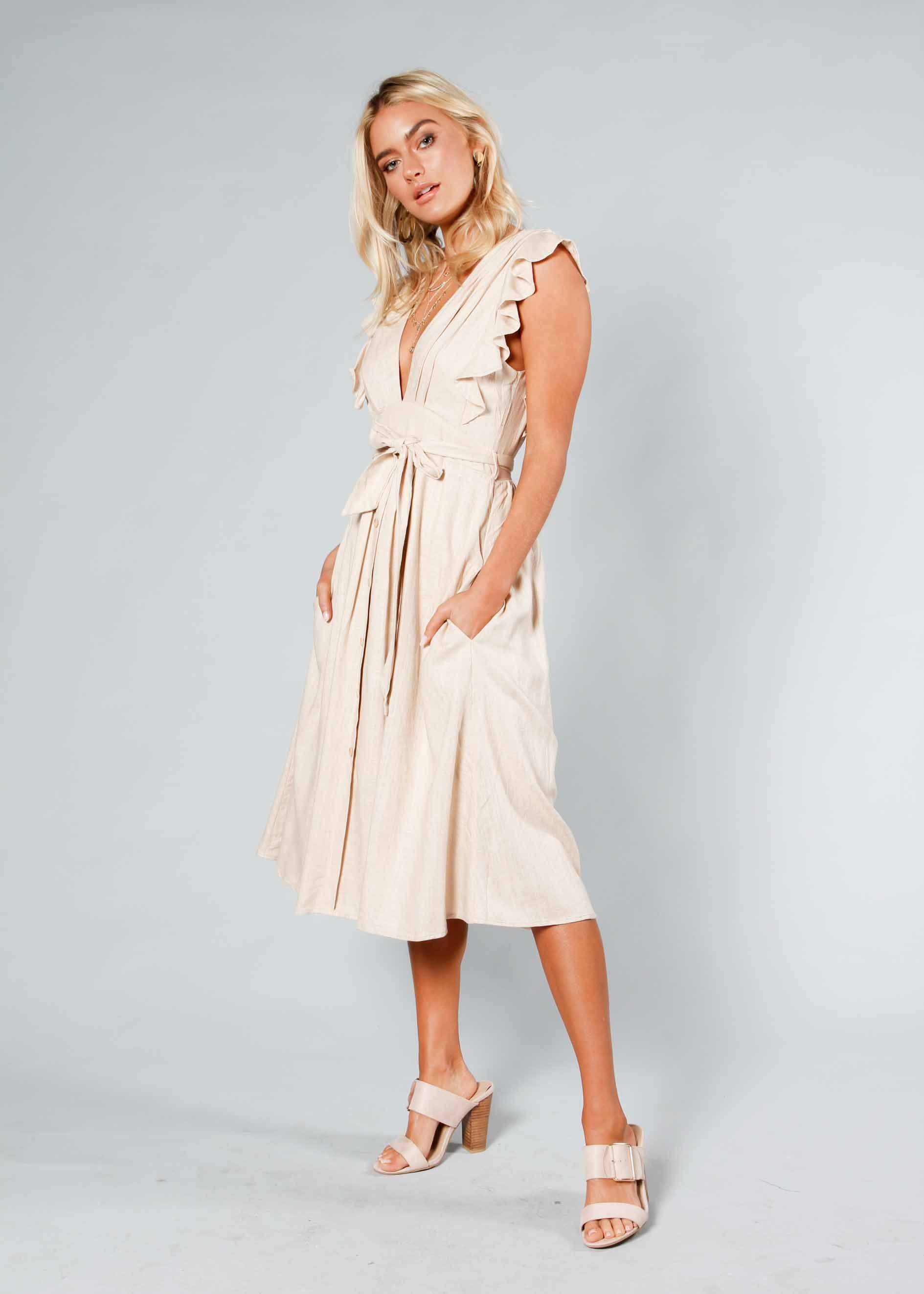 Raegan Linen Midi Dress w/ Tie - Beige
