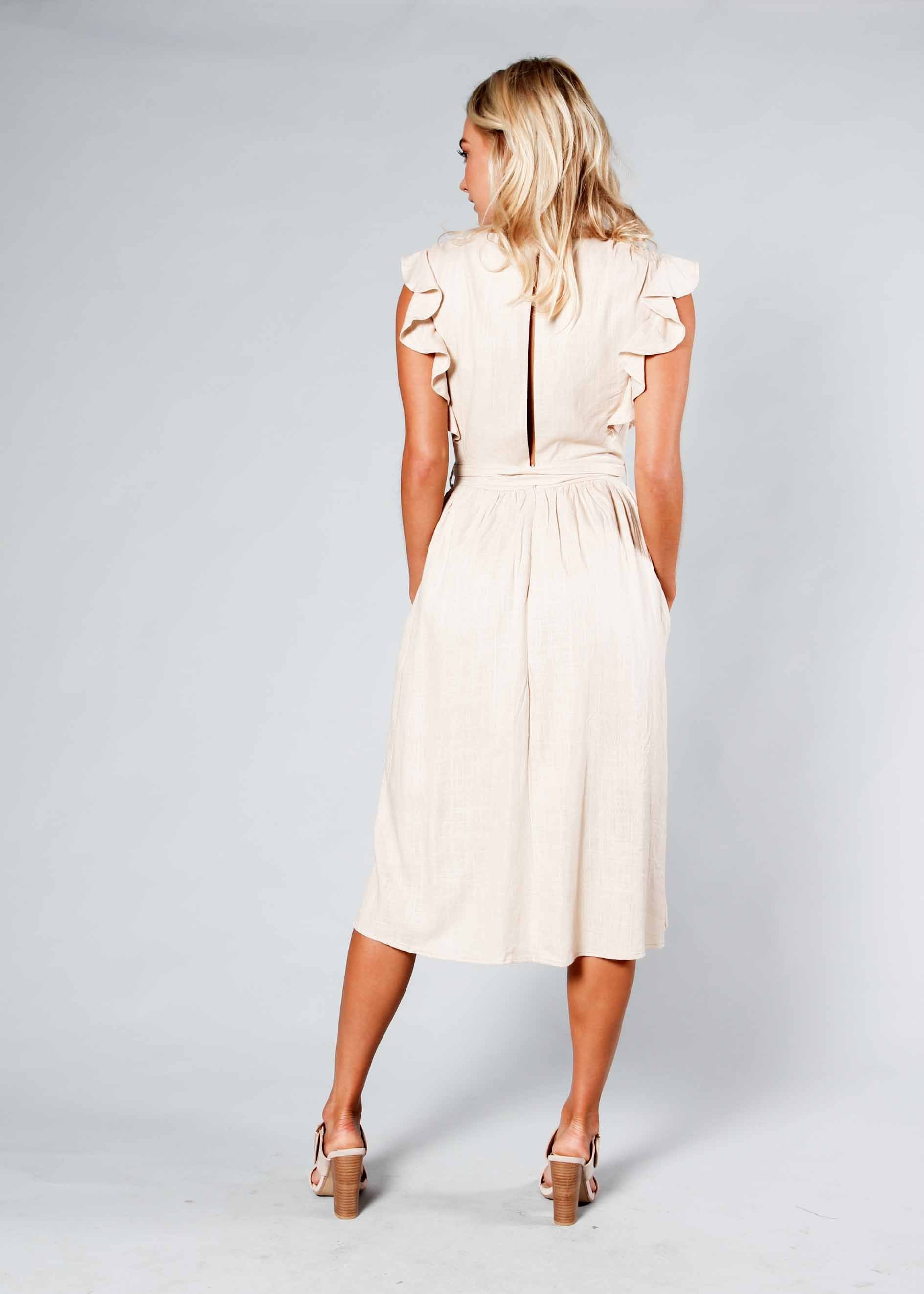 Raegan Linen Midi Dress w/ Tie - Beige